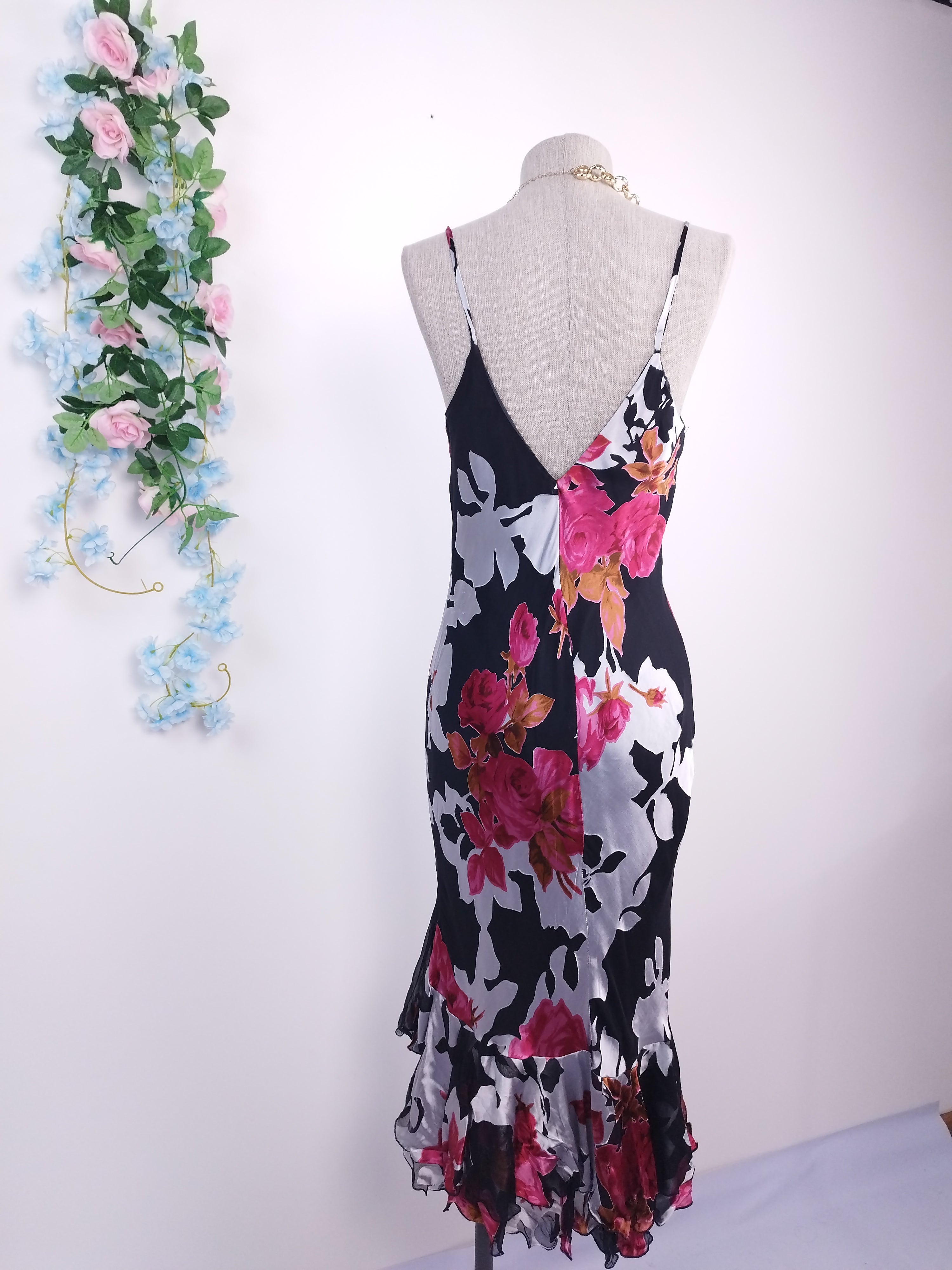 Vintage 90s Slip Dress — Floral Chiffon, Satin Appliqué & Asymmetric Ruffles