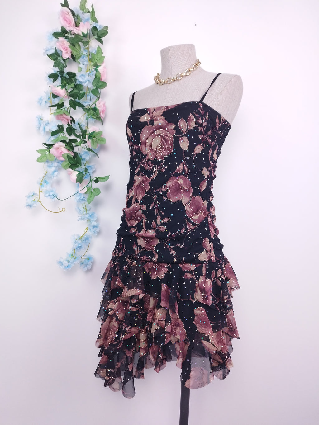 Vintage 2000s Y2K Tulle Dress — Strapless or Strappy, Floral & Iridescent Glitter