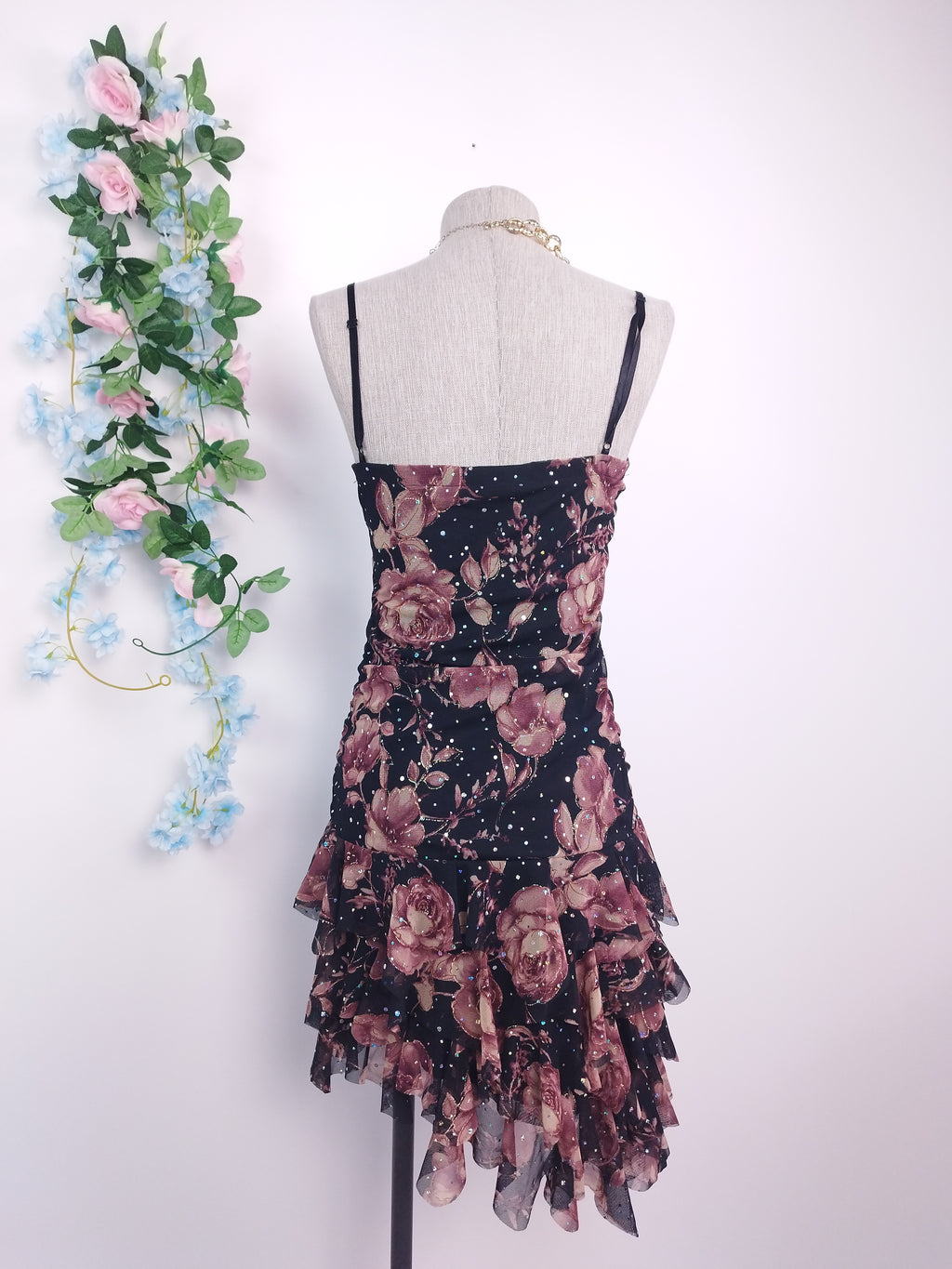 Vintage 2000s Y2K Tulle Dress — Strapless or Strappy, Floral & Iridescent Glitter