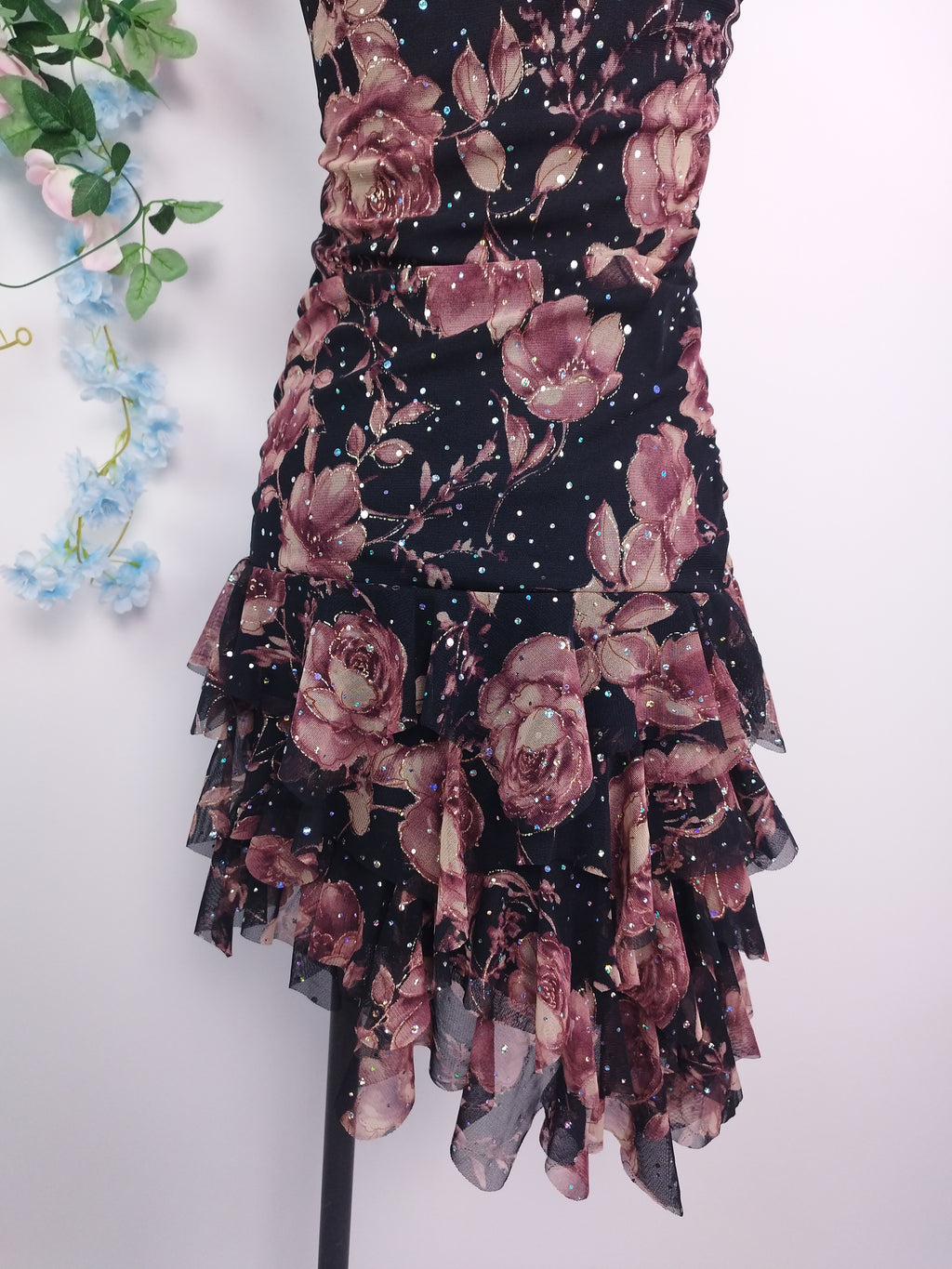 Vintage 2000s Y2K Tulle Dress — Strapless or Strappy, Floral & Iridescent Glitter