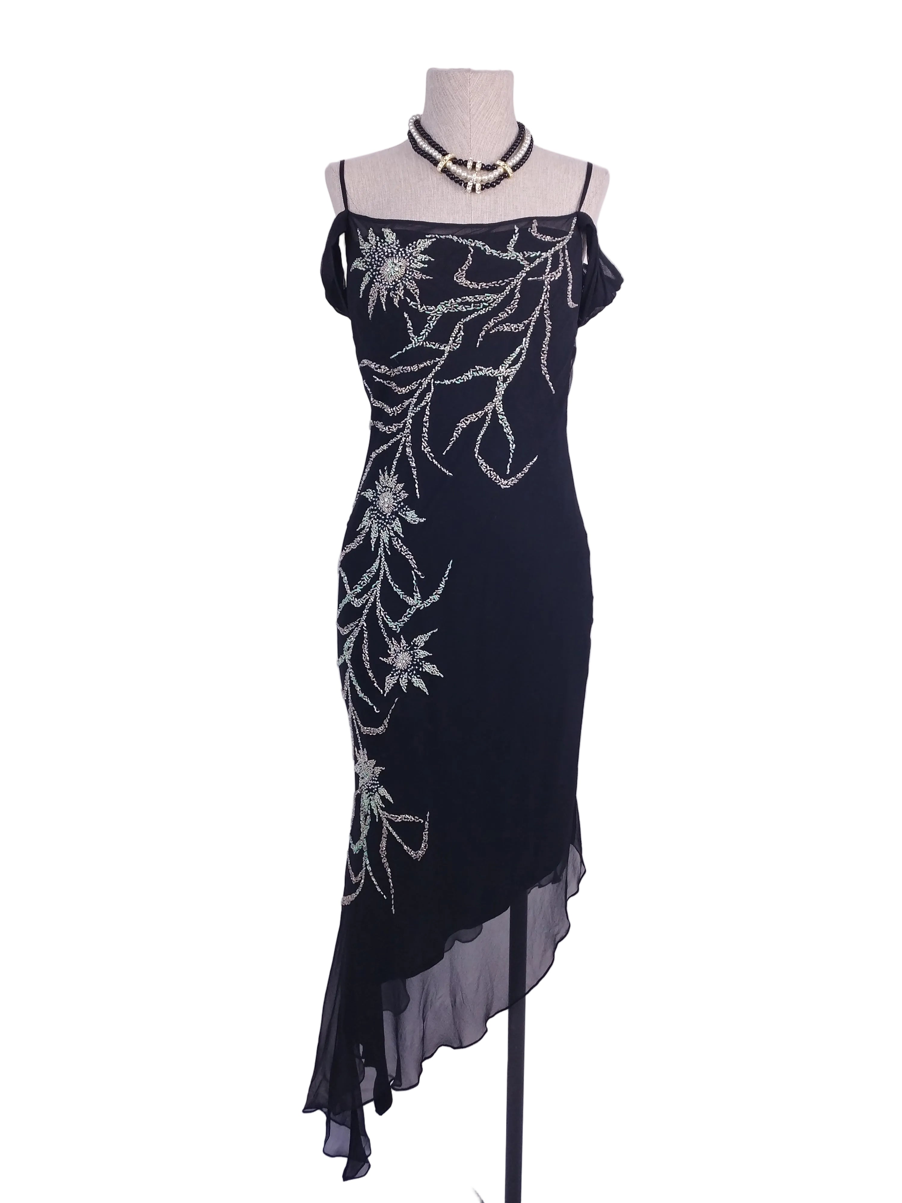 Black silk Y2K beaded dress — Vintage 2000s fairycore gala