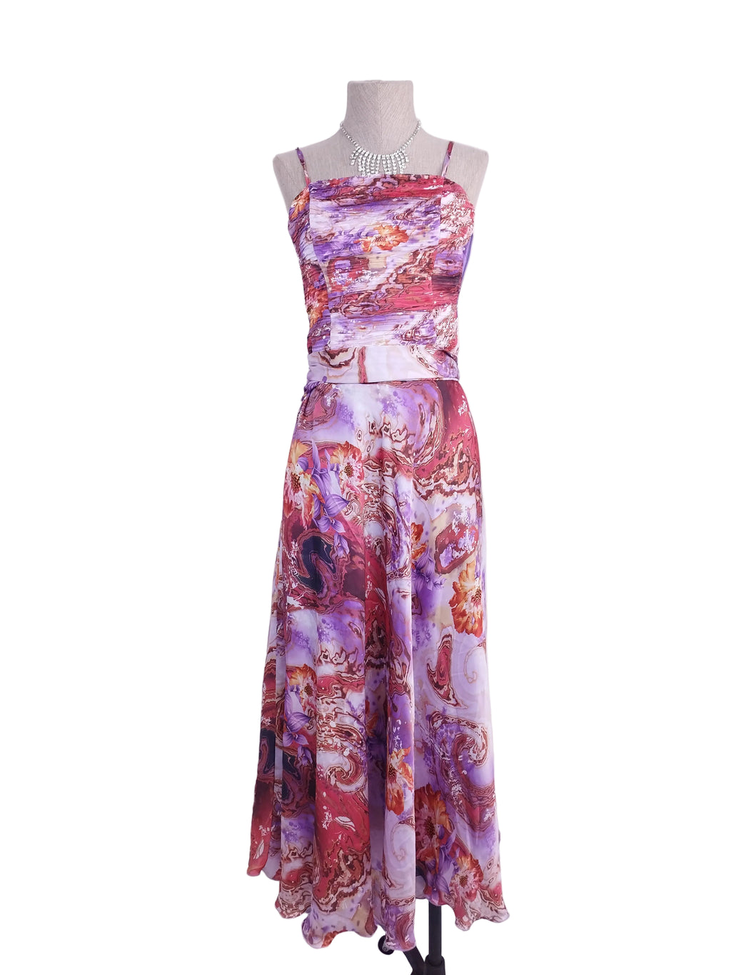 Floral satin Y2K maxi dress — Vintage 2000s structured bustier gala