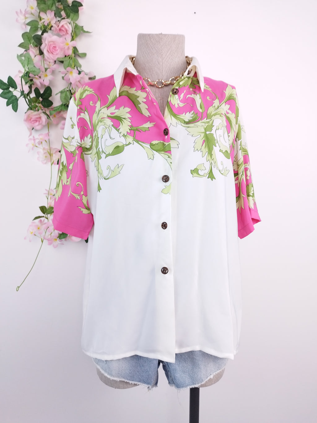 90s fuchsia baroque blouse — Green vines, satin-finish, boxy fit
