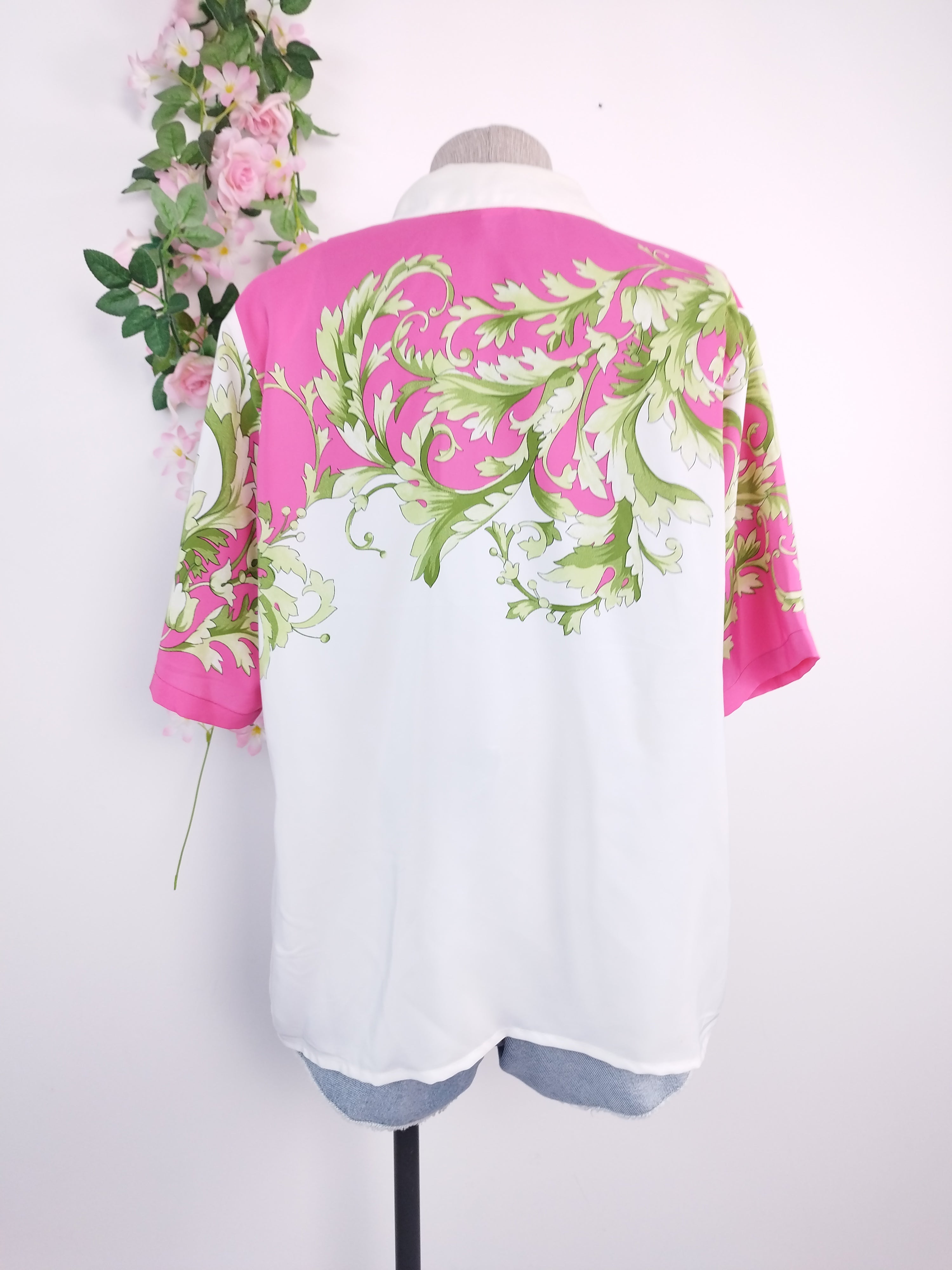 90s fuchsia baroque blouse — Green vines, satin-finish, boxy fit