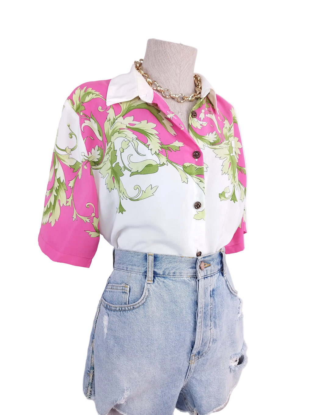 90s fuchsia baroque blouse — Green vines, satin-finish, boxy fit