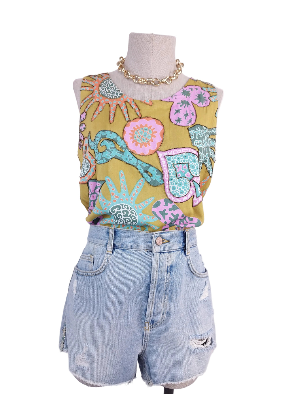 Mustard Y2K beaded top — Graphic floral patchwork & crystals