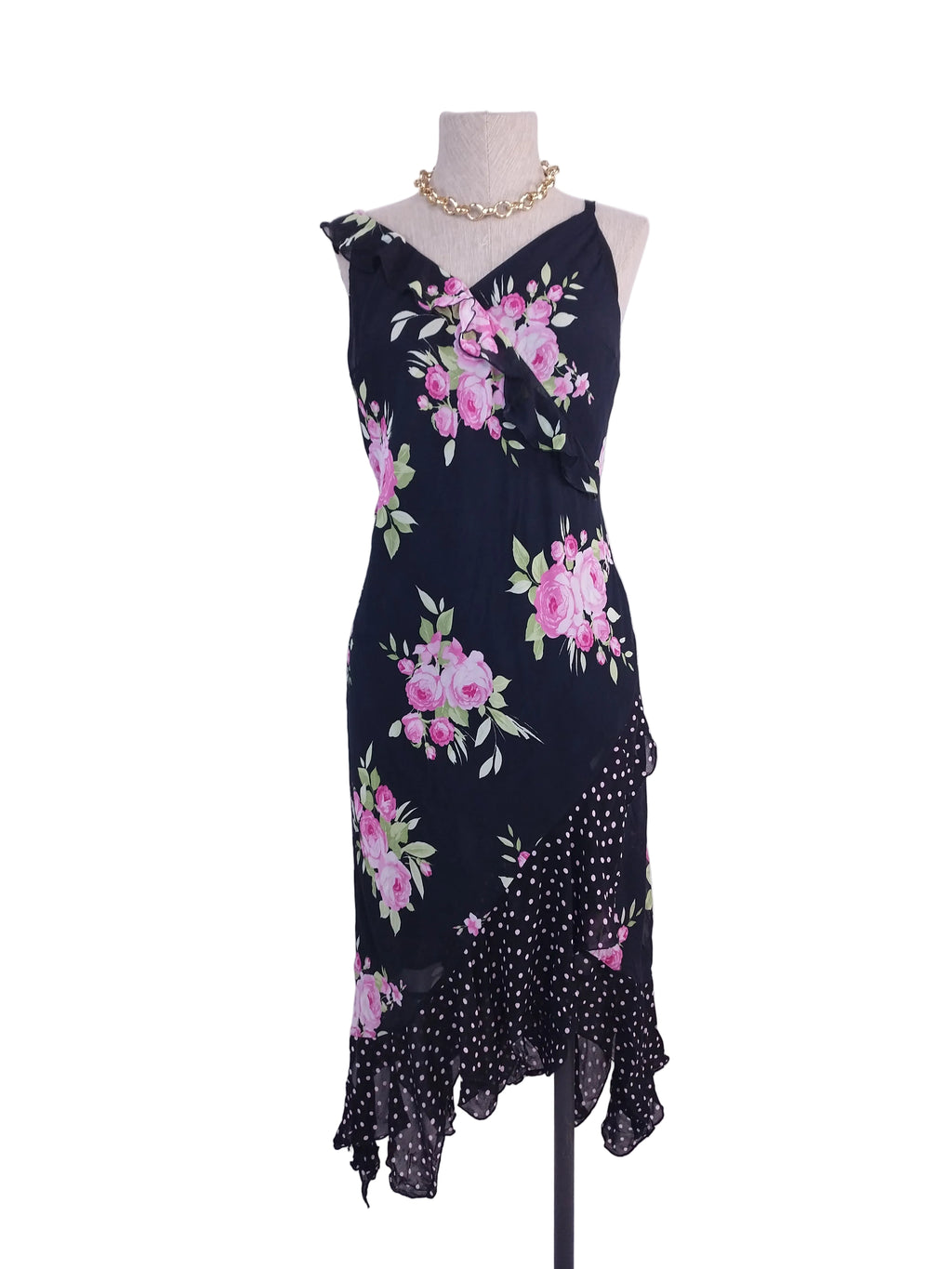 Black Y2K floral chiffon dress — Pink roses & polka-dot ruffles