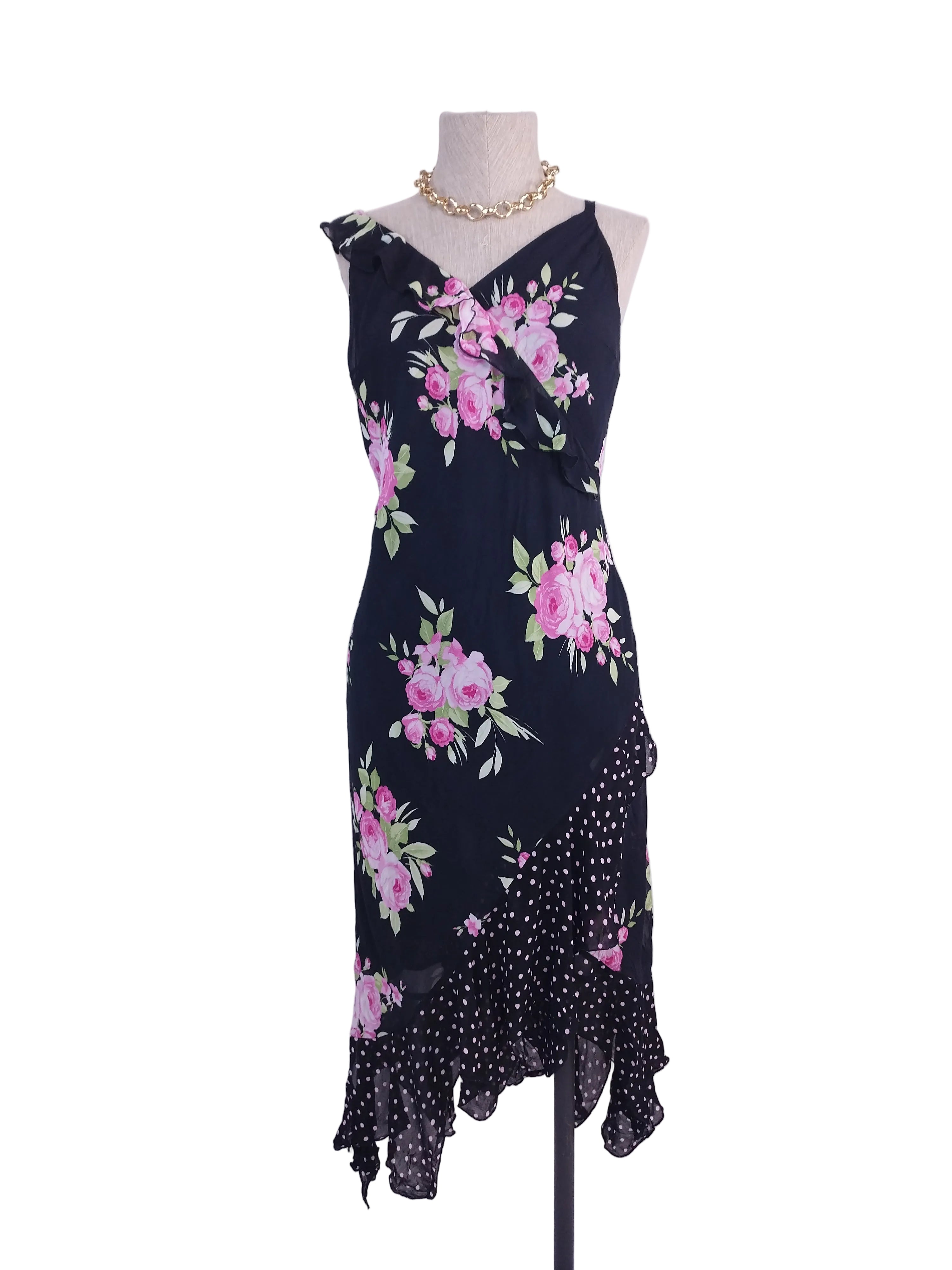 Black Y2K floral chiffon dress — Pink roses & polka-dot ruffles