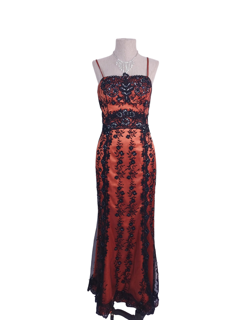 Rust Y2K mermaid gown — Black lace & crystal sequin floral