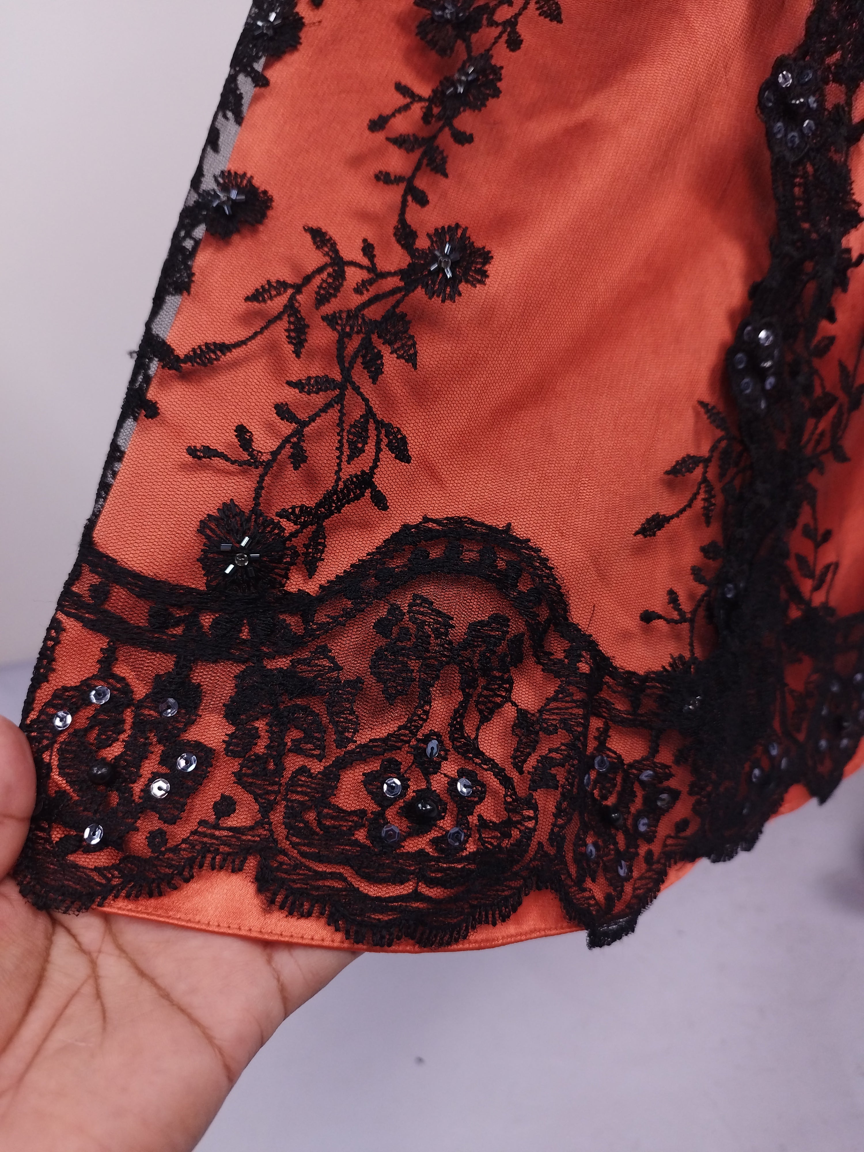 Rust Y2K mermaid gown — Black lace & crystal sequin floral
