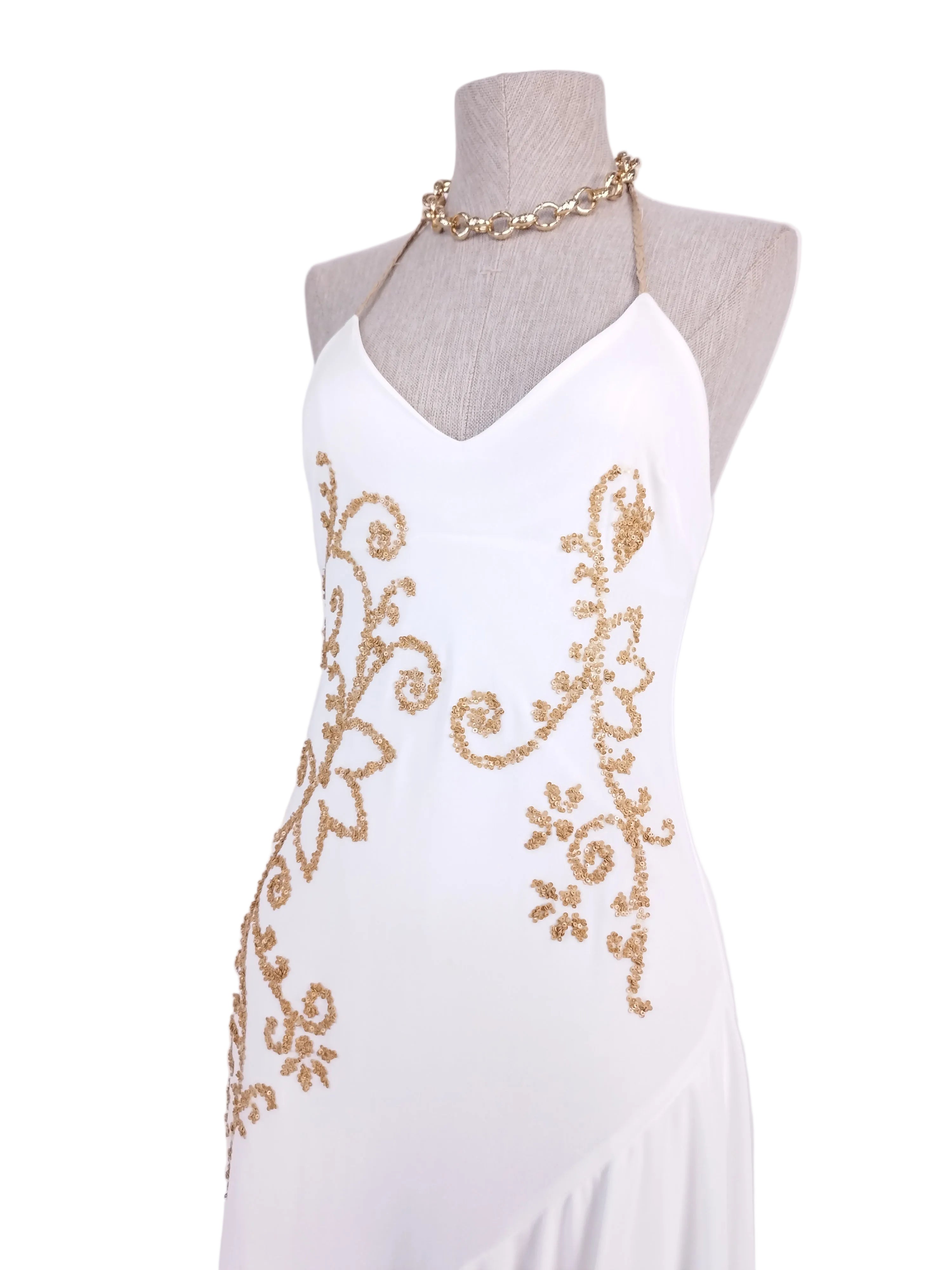 White Y2K gold sequin dress — Made in Italy halter midi