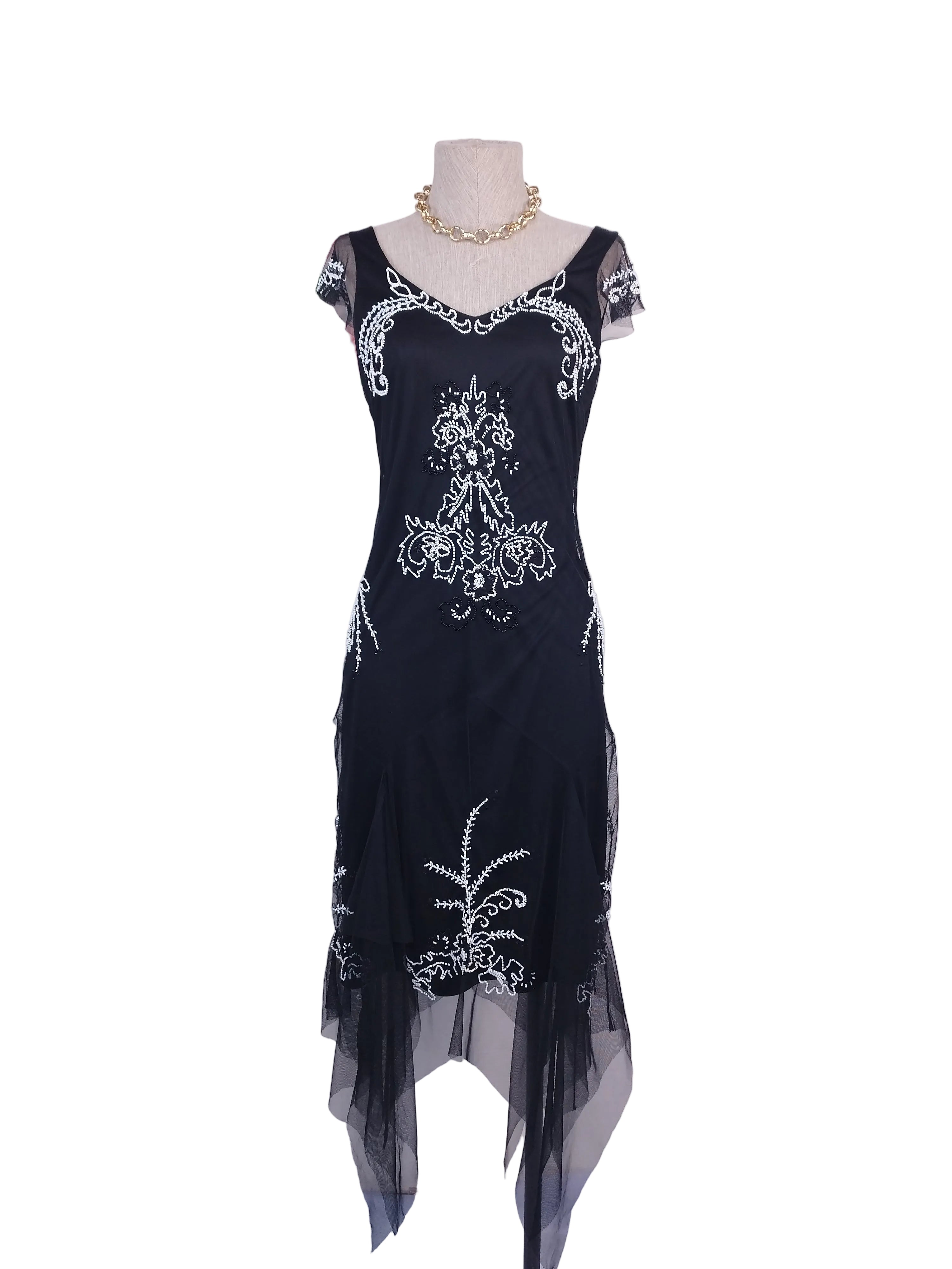 Black Y2K beaded gown — White floral baroque, asymmetrical hem