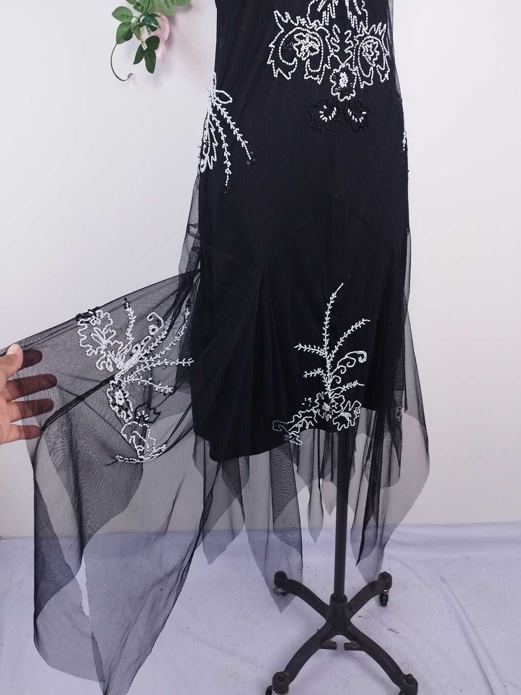 Black Y2K beaded gown — White floral baroque, asymmetrical hem