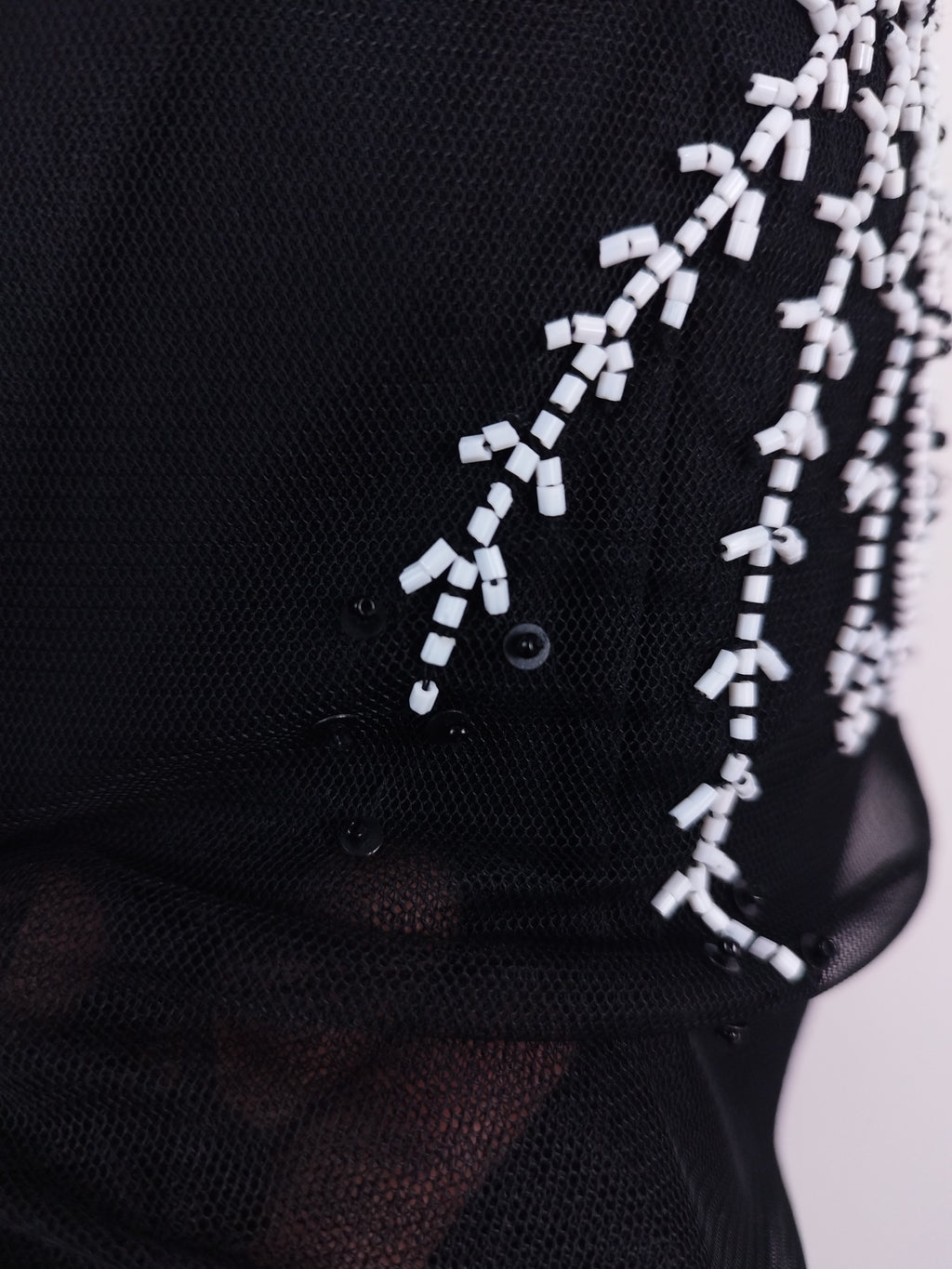Black Y2K beaded gown — White floral baroque, asymmetrical hem
