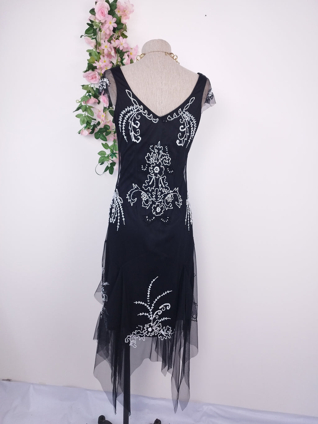 Black Y2K beaded gown — White floral baroque, asymmetrical hem