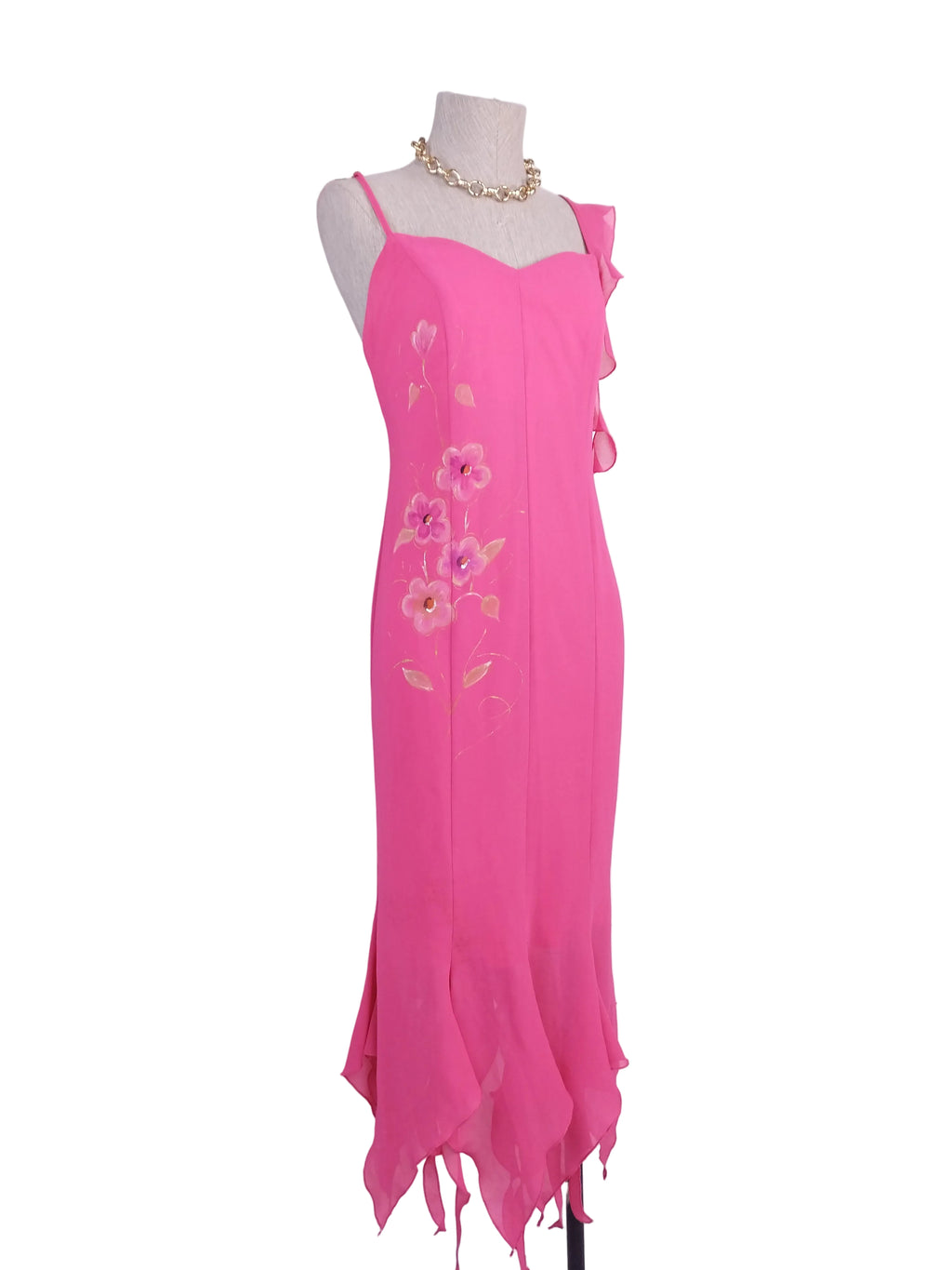 Y2K hand-painted pink gown — Gold florals, asymmetrical ruffle, criss-cross back