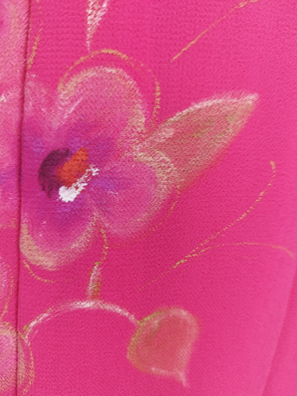 Y2K hand-painted pink gown — Gold florals, asymmetrical ruffle, criss-cross back