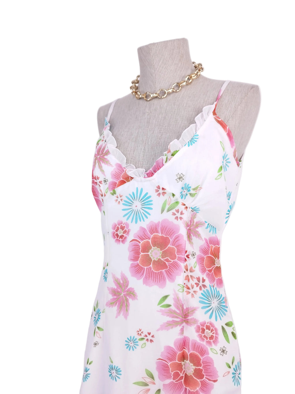 White pastel floral Y2K slip dress — Vintage 2000s boho summer