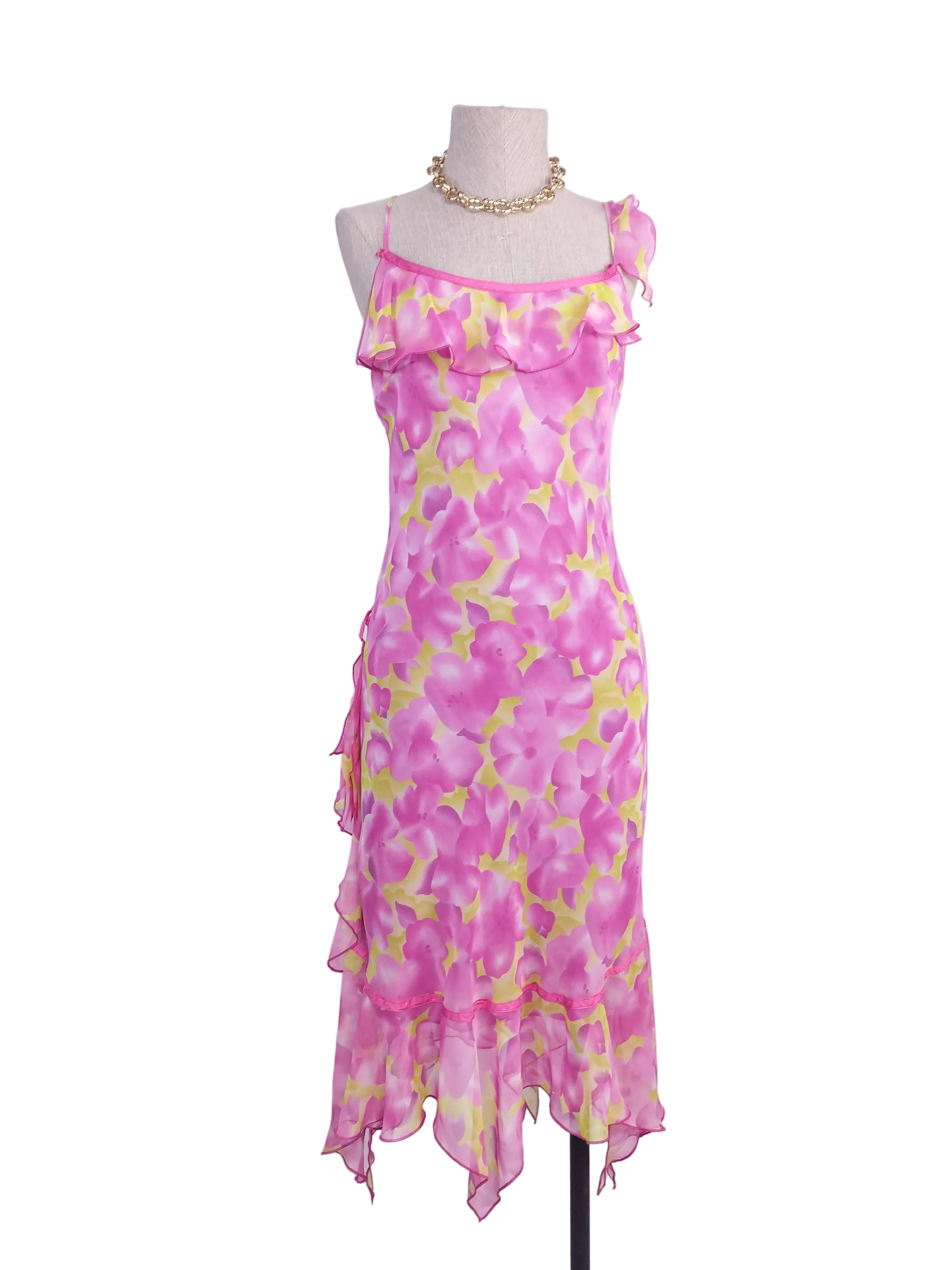 Y2K fairycore chiffon dress — Fuchsia lemon florals, ruffled straps