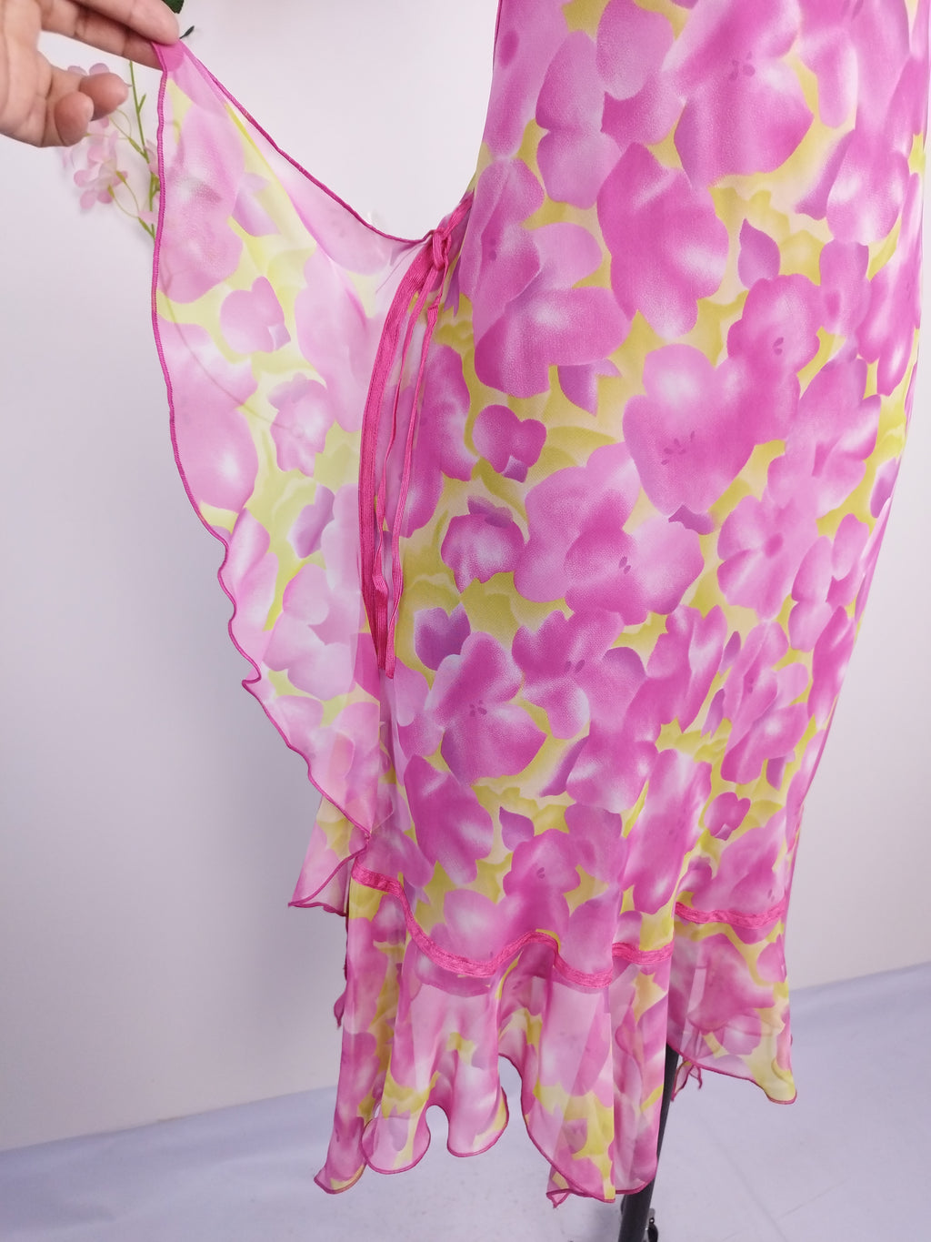 Y2K fairycore chiffon dress — Fuchsia lemon florals, ruffled straps