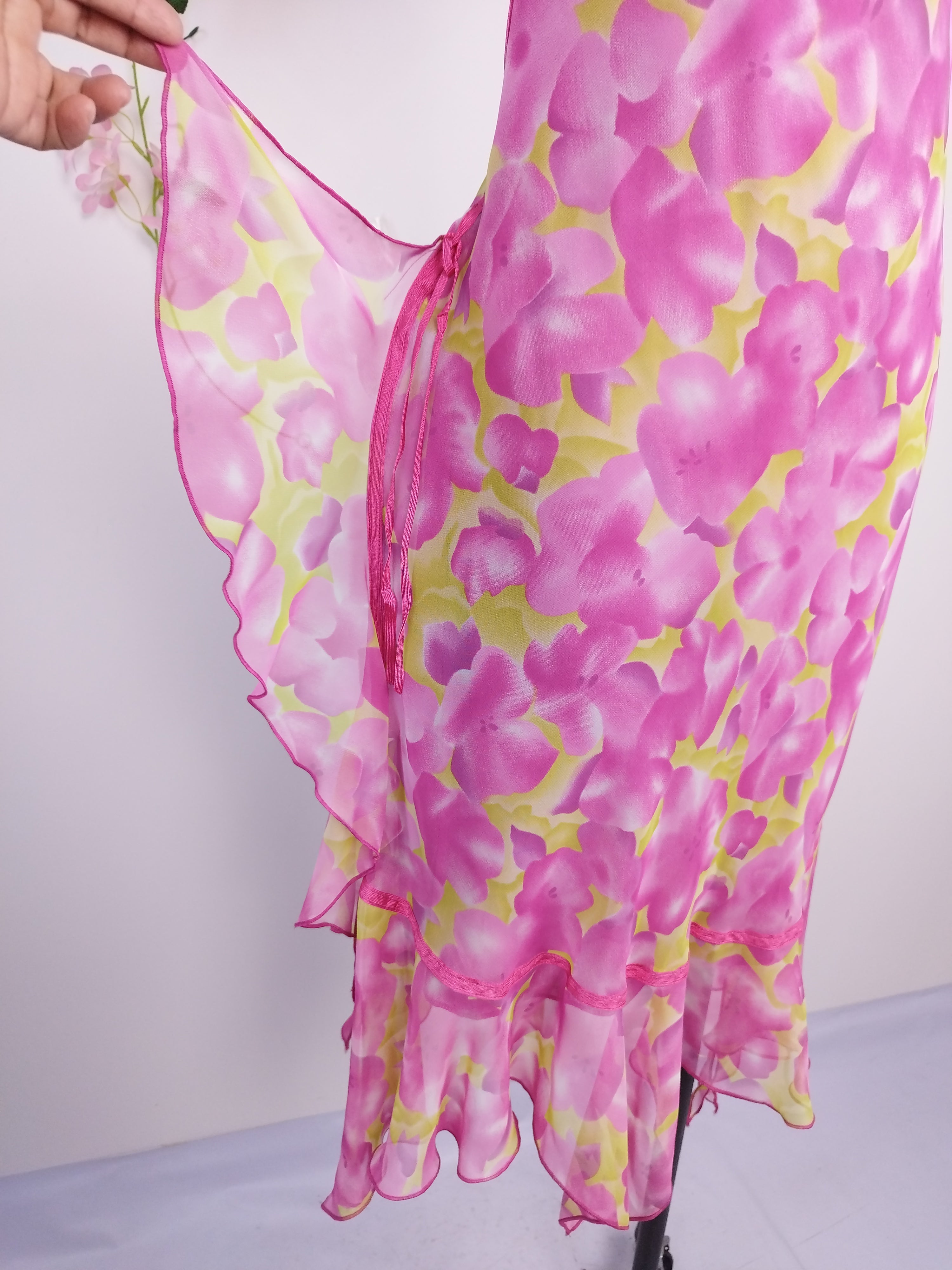 Y2K fairycore chiffon dress — Fuchsia lemon florals, ruffled straps