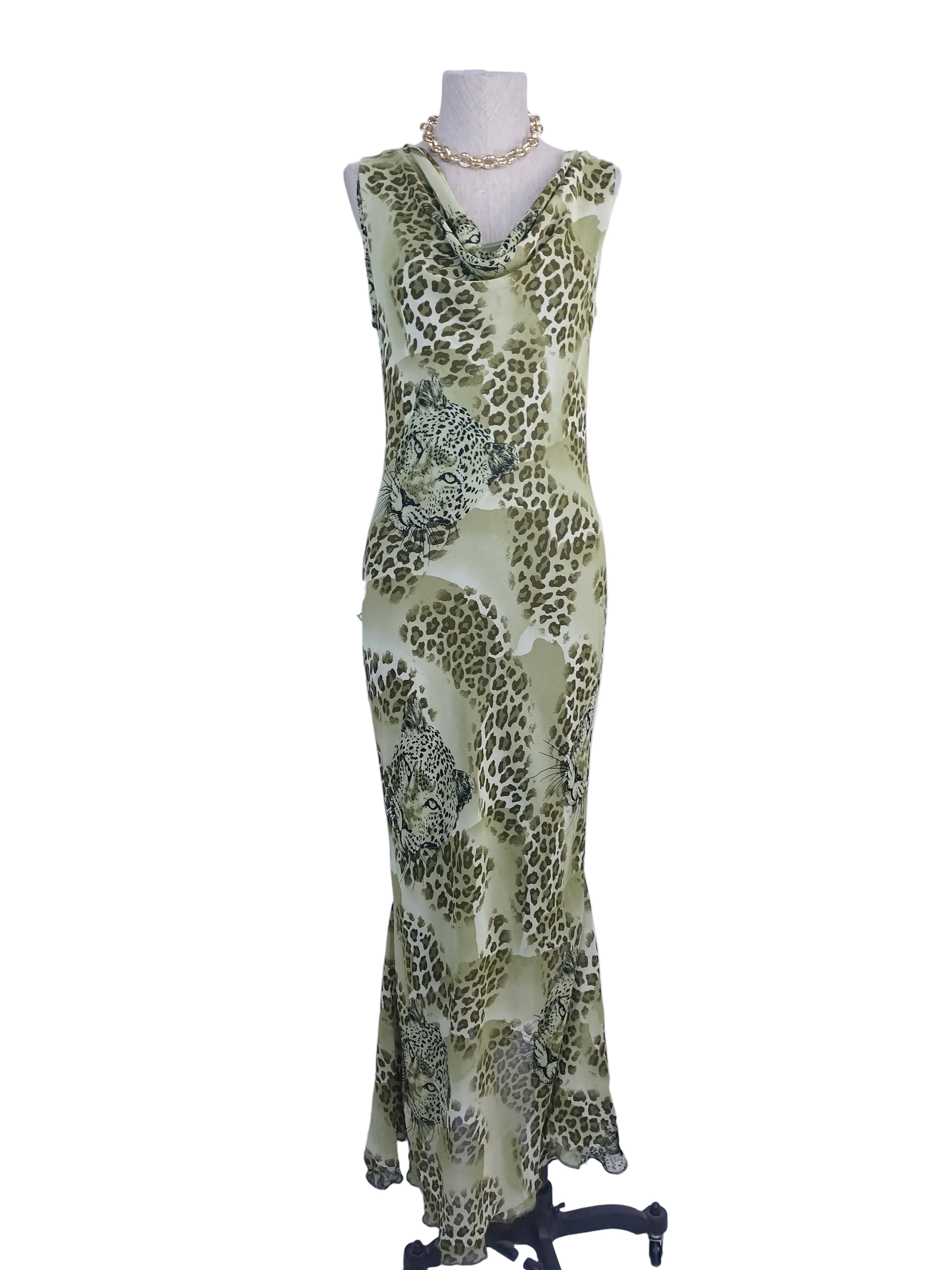 Olive leopard Y2K maxi dress — Vintage 2000s draped slip boho