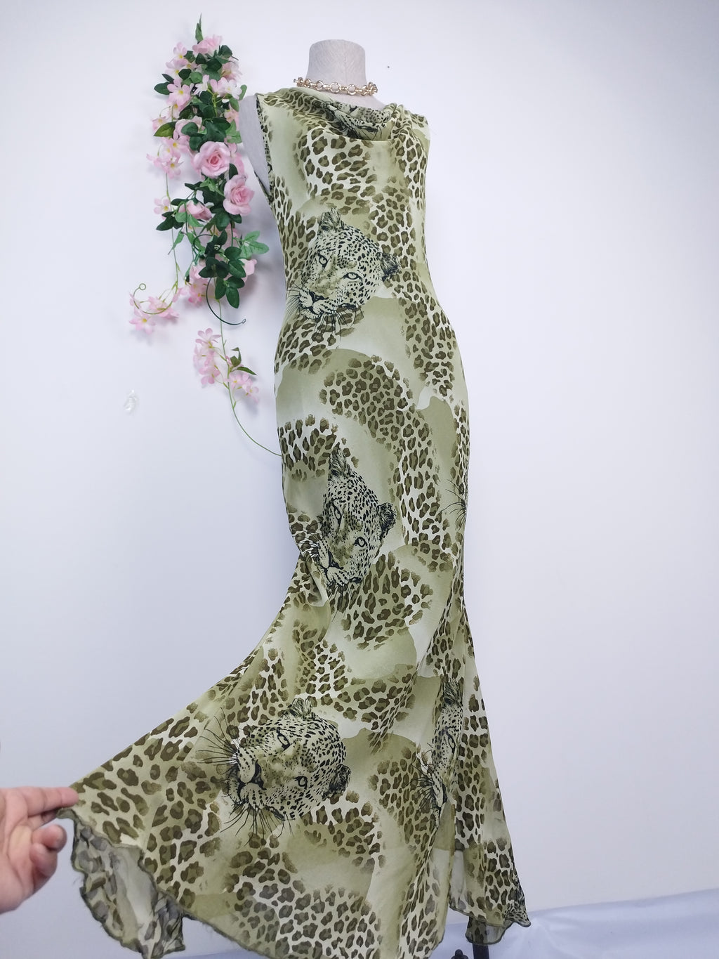 Olive leopard Y2K maxi dress — Vintage 2000s draped slip boho