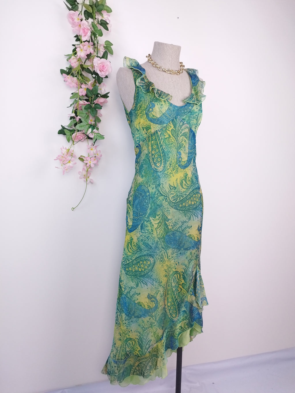 Y2K paisley chiffon maxi — Teal lime ruffle slit, V-neck cap sleeves