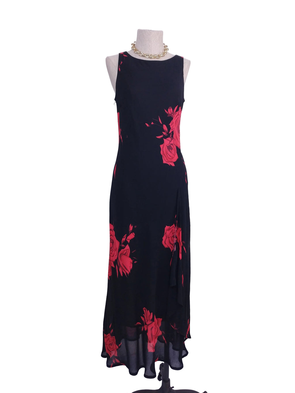 Y2K black chiffon maxi — Bold red roses, asymmetrical sheer hem