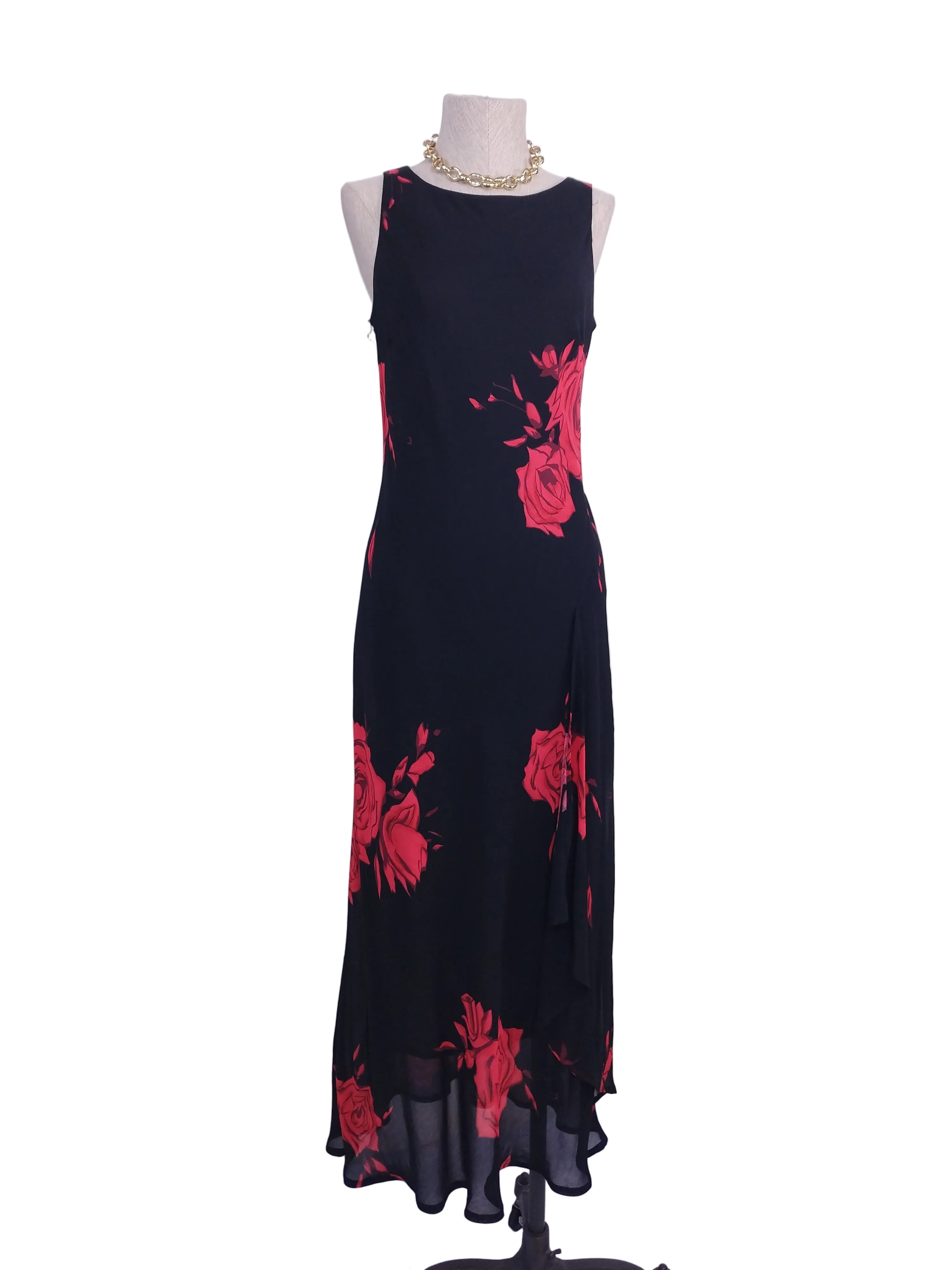 Y2K black chiffon maxi — Bold red roses, asymmetrical sheer hem