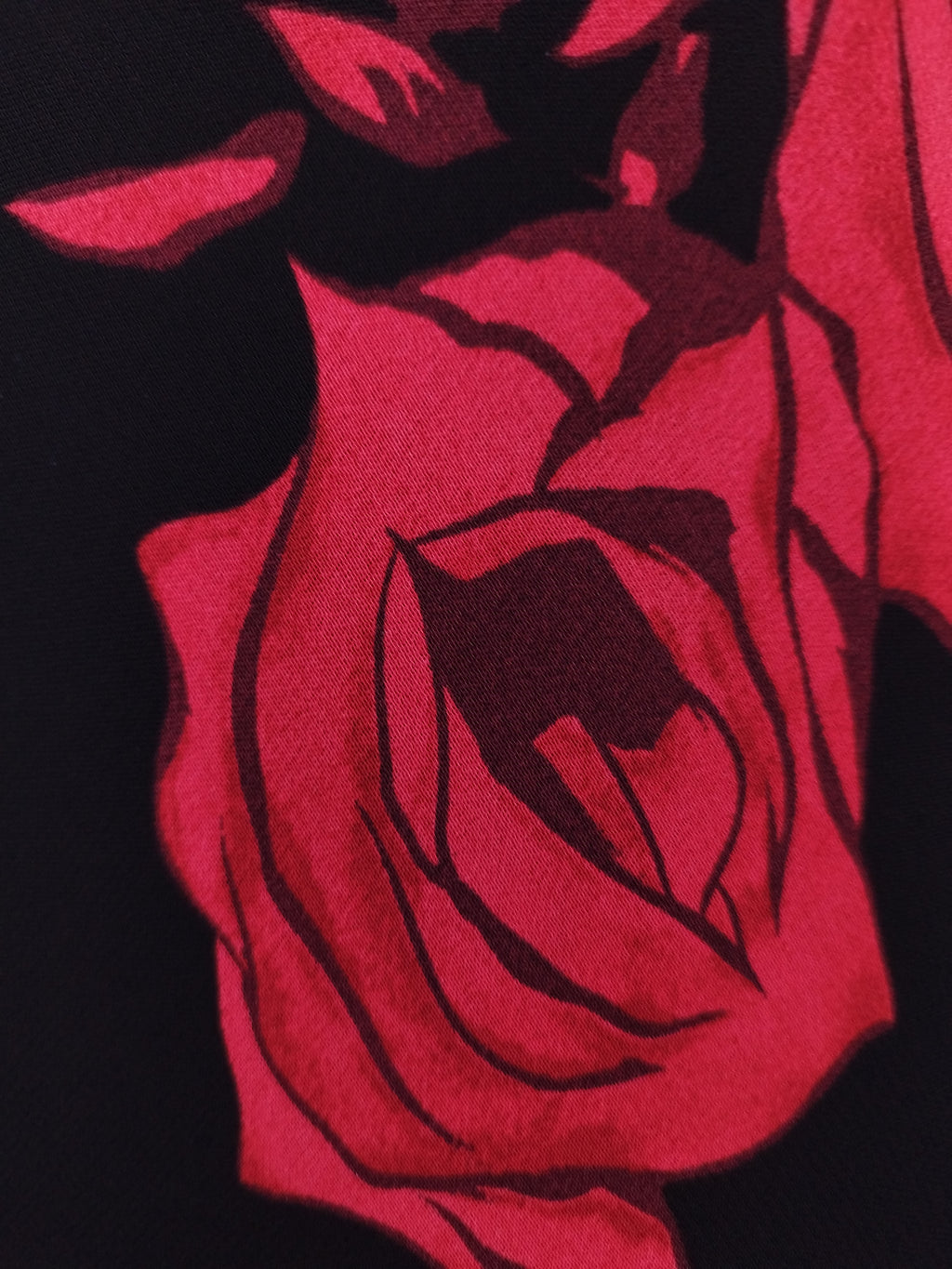 Y2K black chiffon maxi — Bold red roses, asymmetrical sheer hem