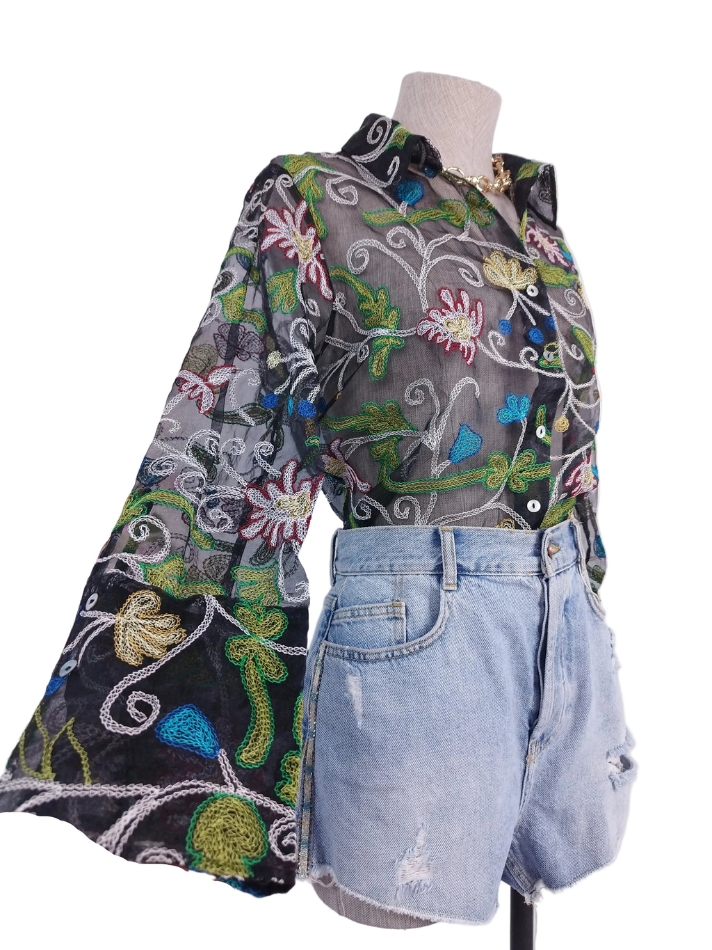 Vintage 90s Organza Blouse — Long Sleeves, Floral Embroidery & Semi-Transparent Black