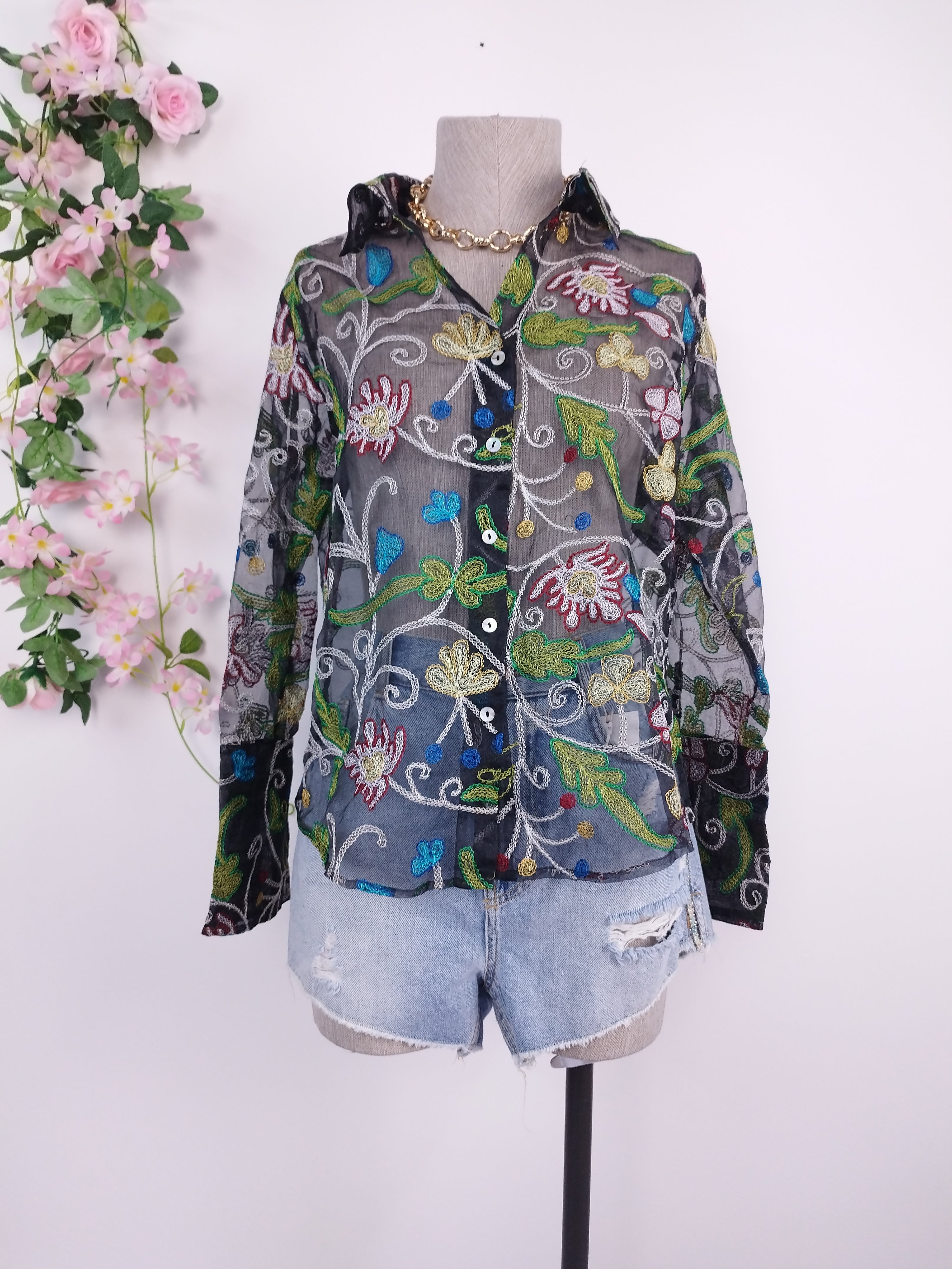 Vintage 90s Organza Blouse — Long Sleeves, Floral Embroidery & Semi-Transparent Black