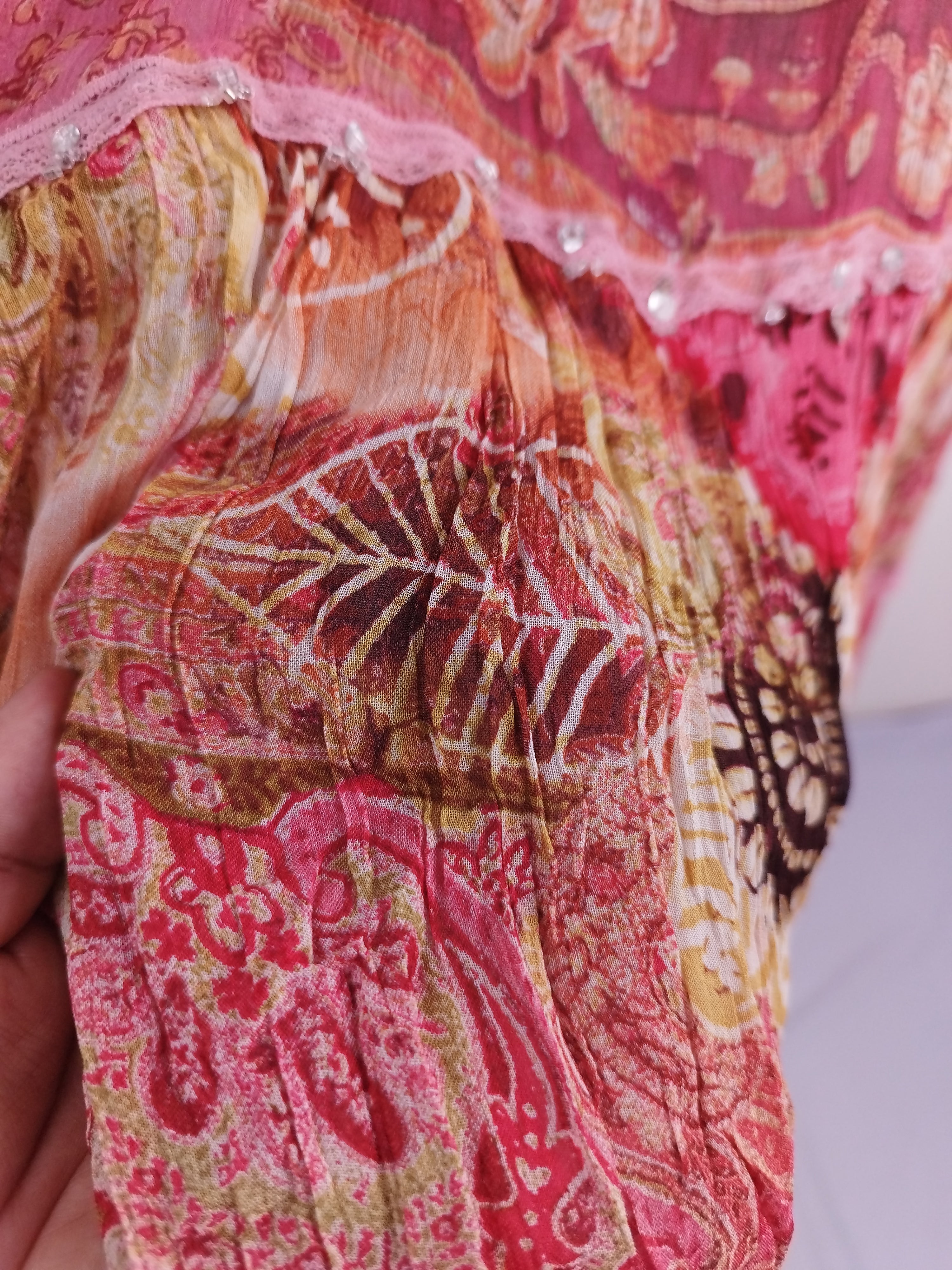 Vintage Silk Midi Skirt — Boho Style, Patchwork Print &Sequin Details