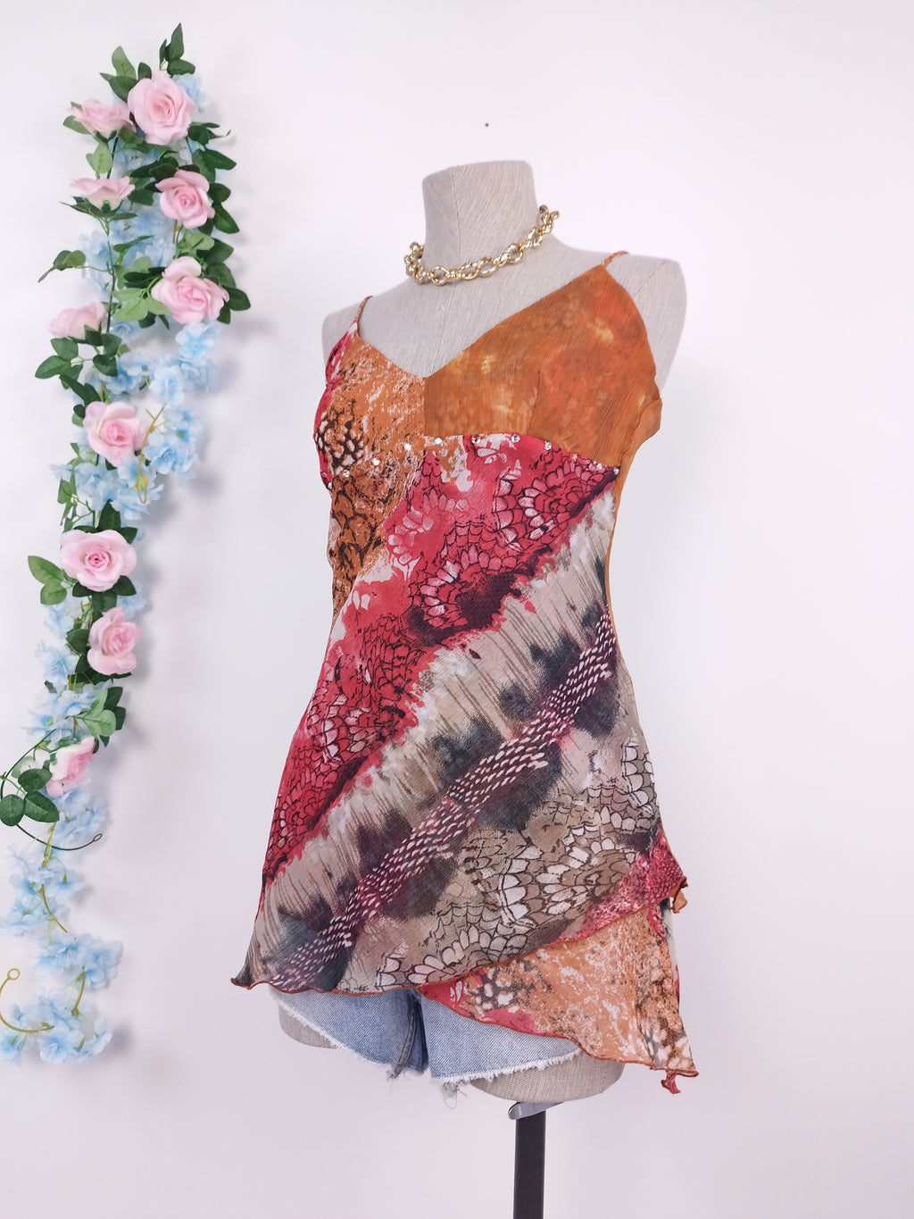 Vintage 2000s Y2K Chiffon Top — V-Neck, Ibiza Print & Asymmetric Layers