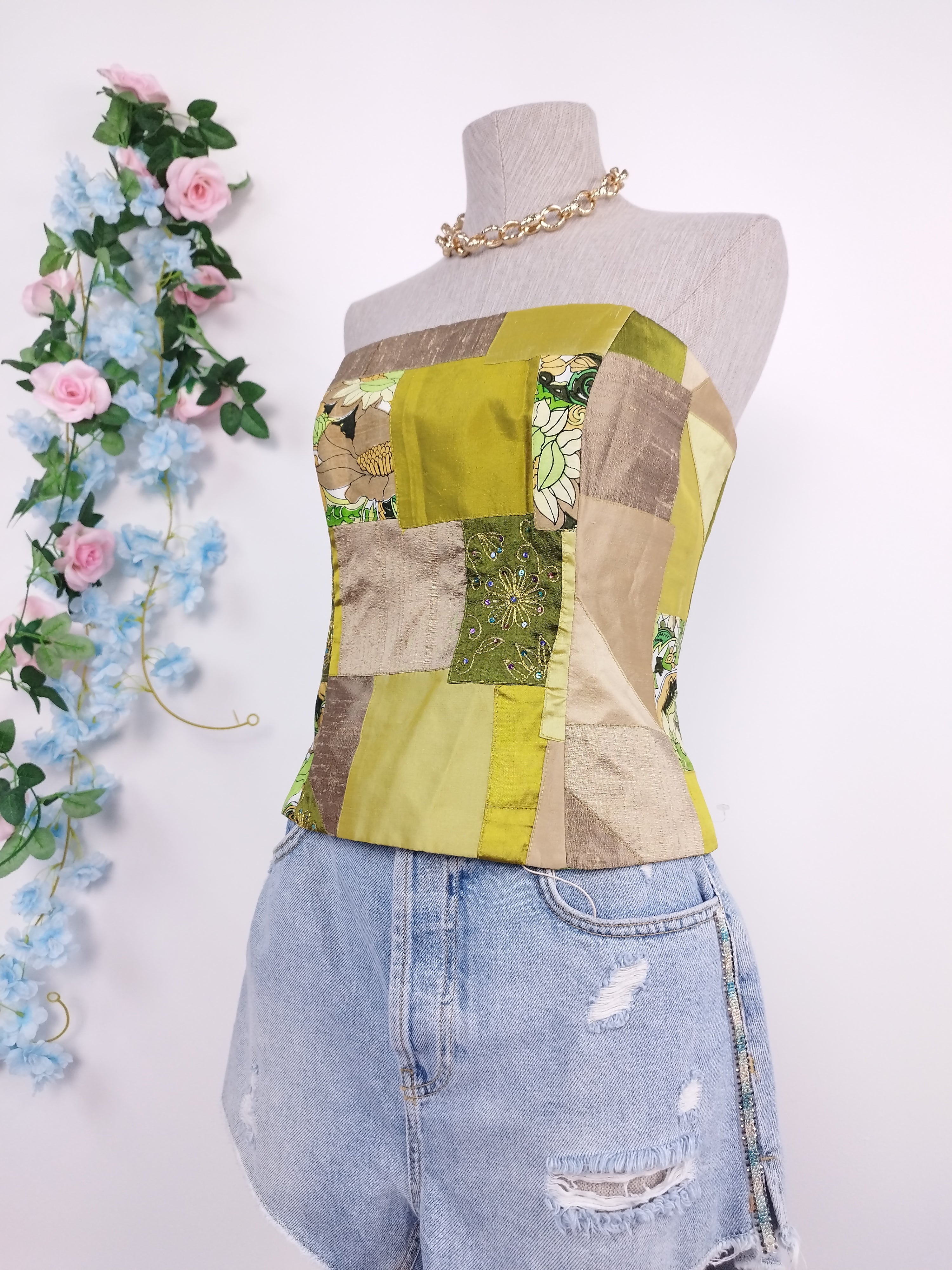 Vintage Y2K Corset — Strapless, Patchwork & Adjustable Back Tie