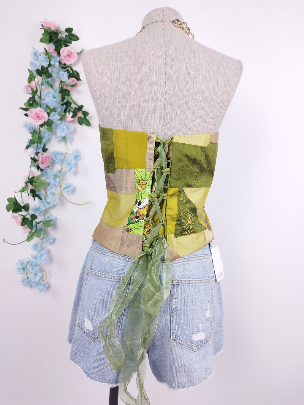 Vintage Y2K Corset — Strapless, Patchwork & Adjustable Back Tie