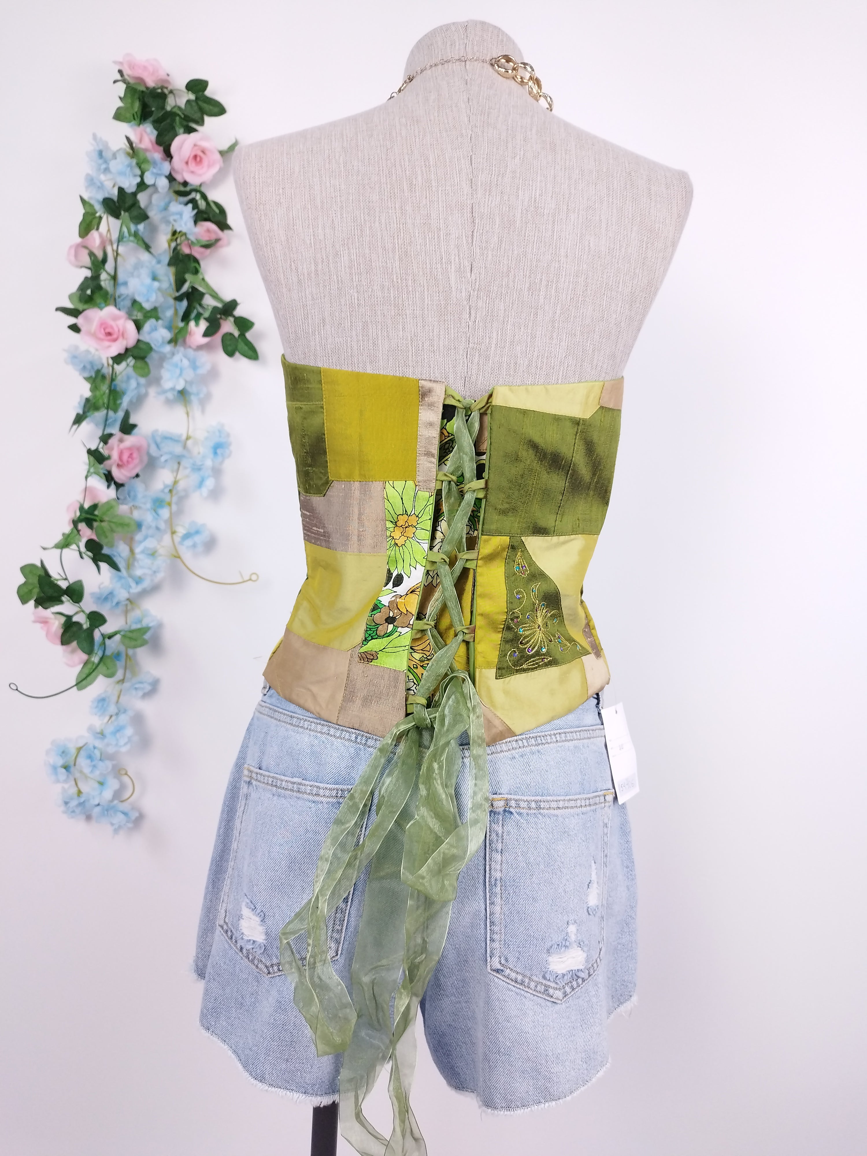 Vintage Y2K Corset — Strapless, Patchwork & Adjustable Back Tie