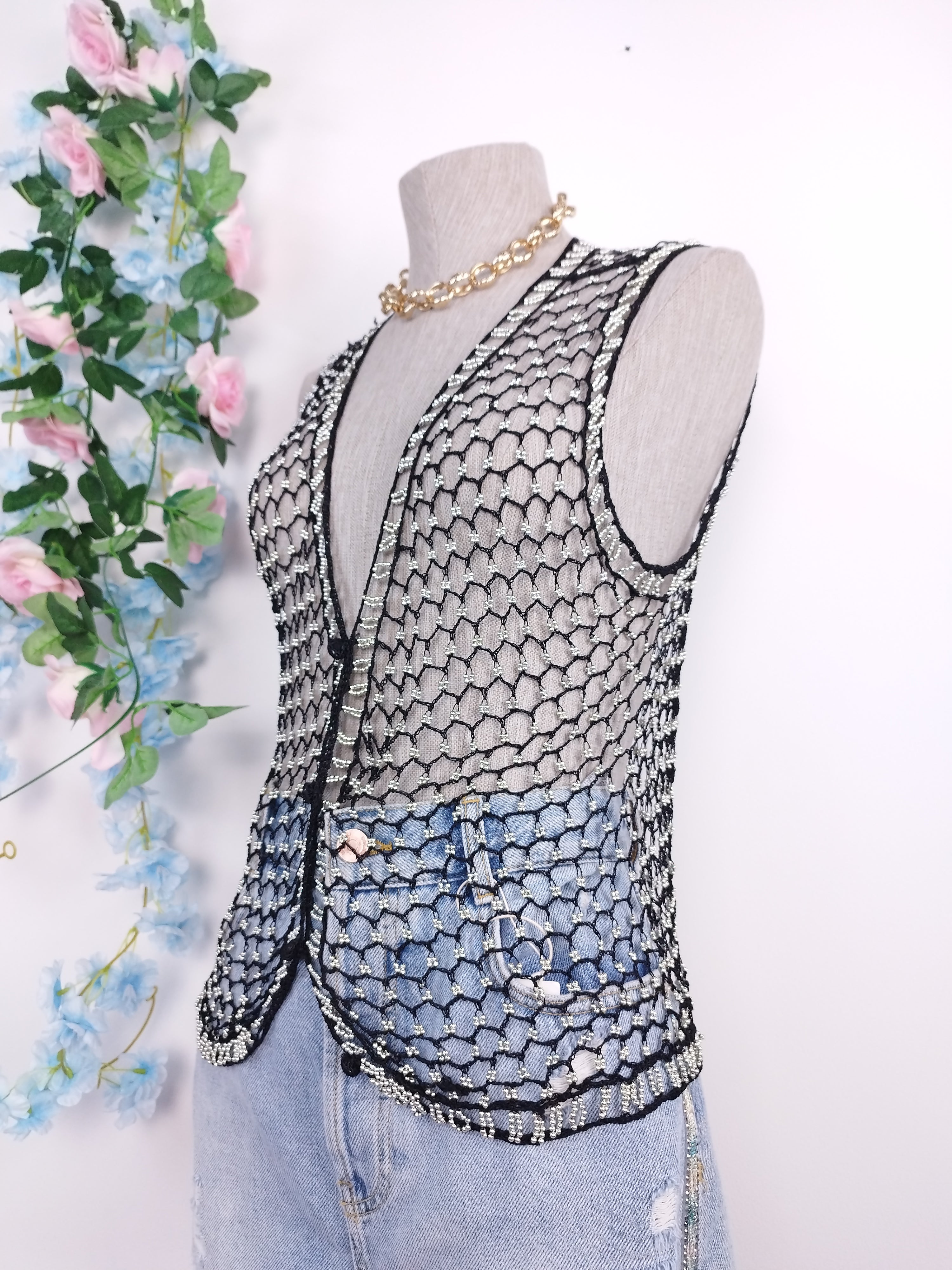 Vintage 90s Crochet Vest — V-Neck, Pearl Embellishments & Black Net Fabric