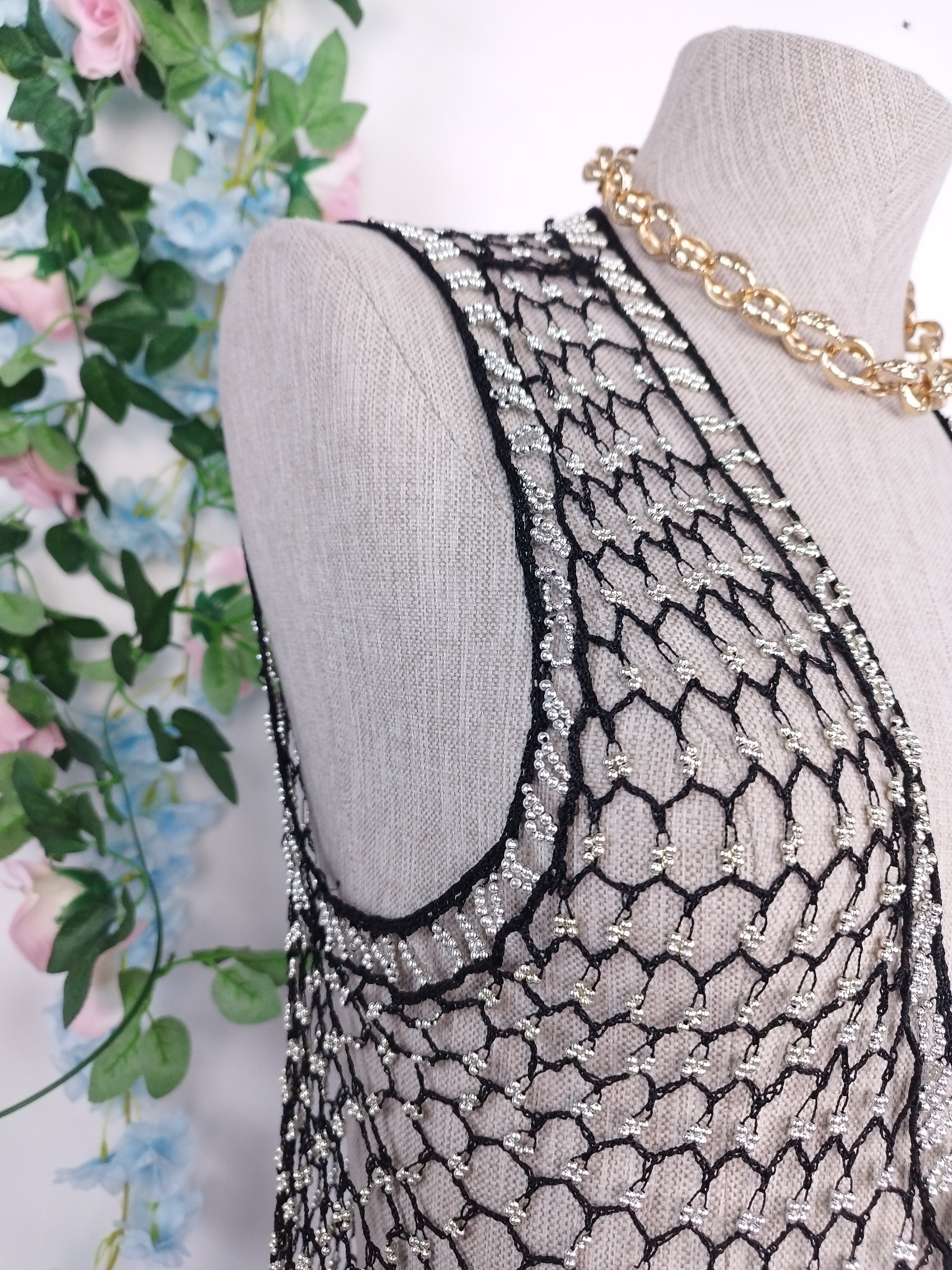 Vintage 90s Crochet Vest — V-Neck, Pearl Embellishments & Black Net Fabric