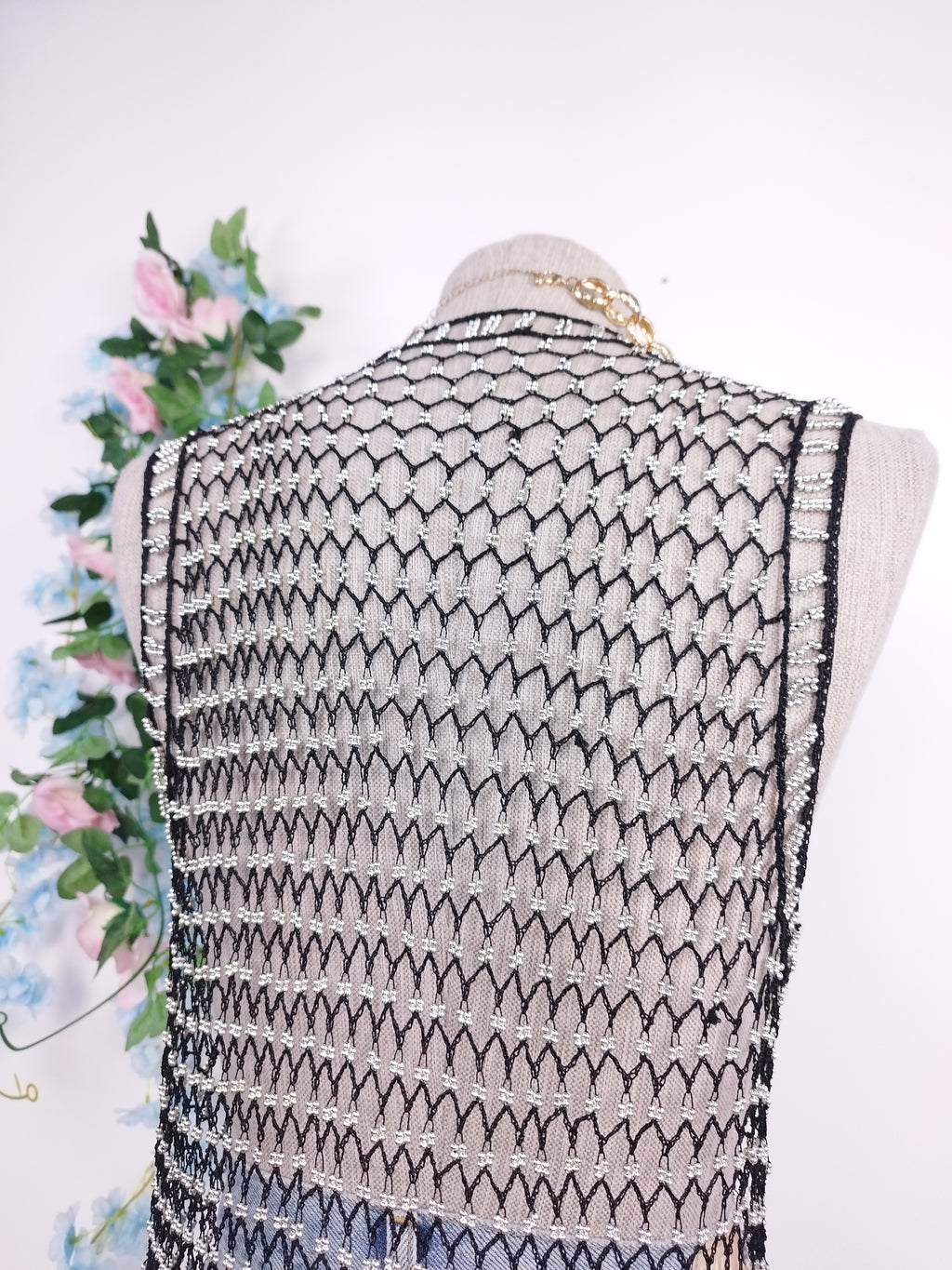 Vintage 90s Crochet Vest — V-Neck, Pearl Embellishments & Black Net Fabric