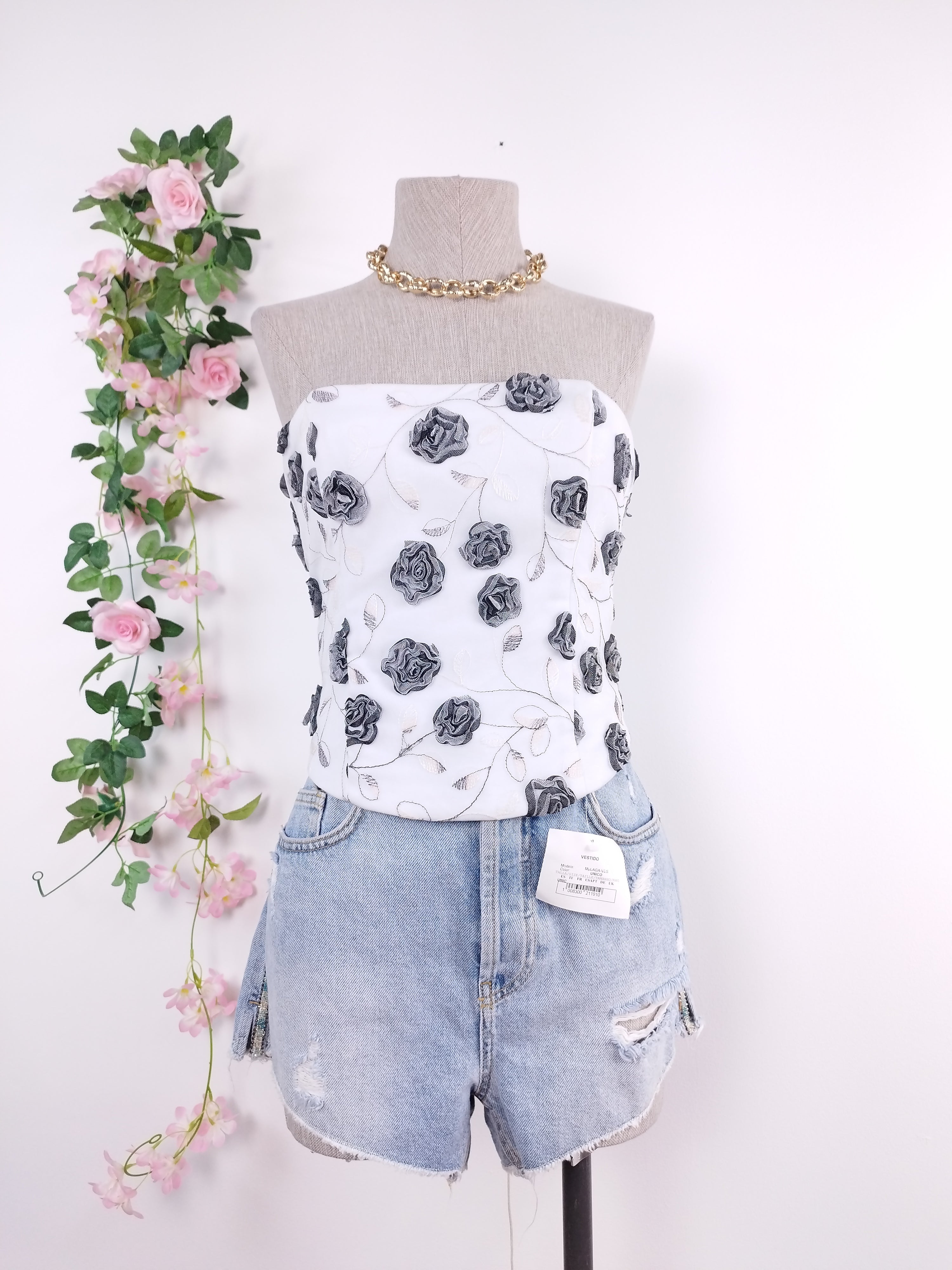 Vintage 2000s Corset Top — 3D Rose Appliqués, Lace-Up Back & Tulle-Satin Combo