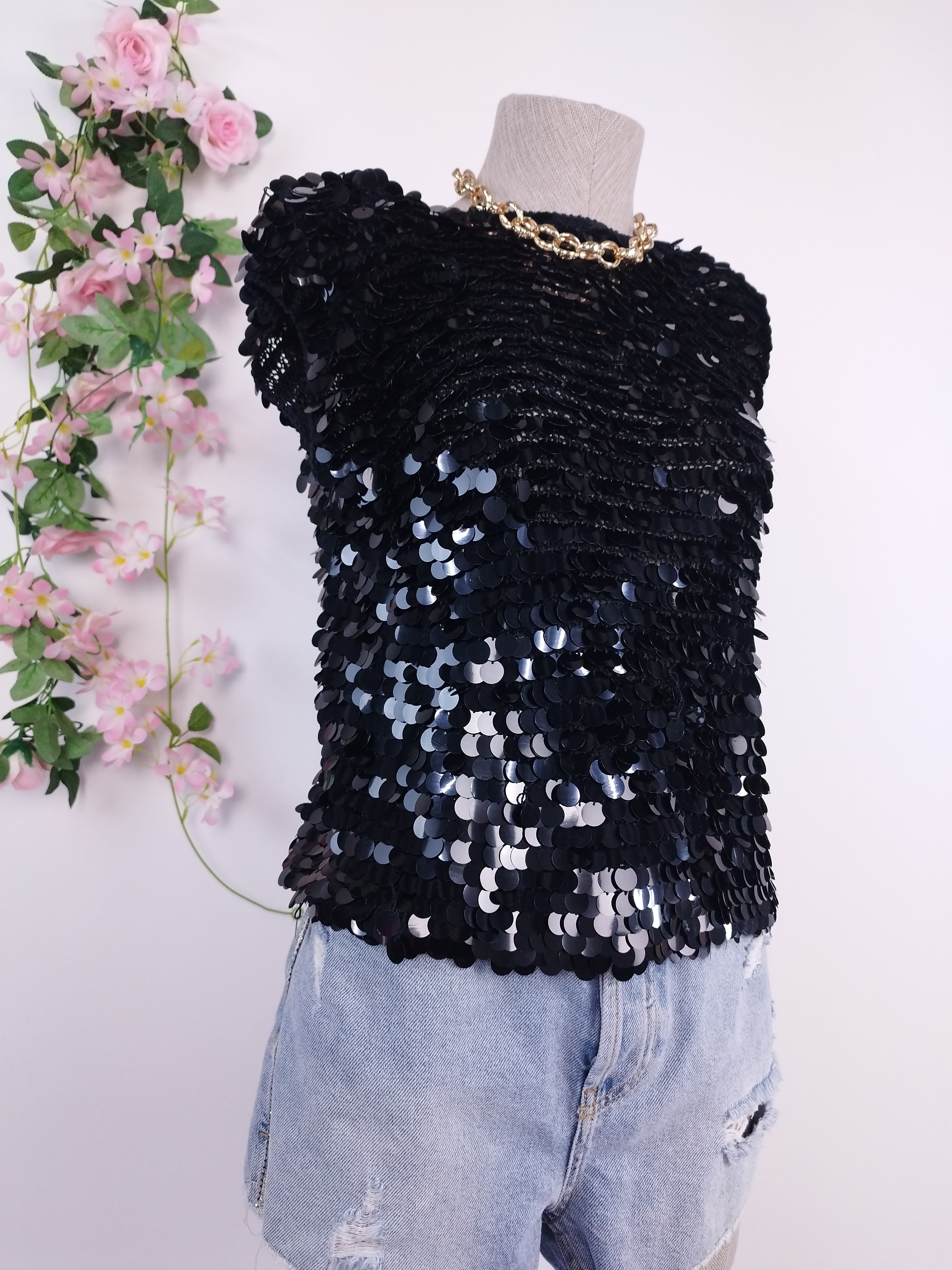 Vintage 2000s Sequin Top — Round Neck, Built-In Shoulders & Short Sleeves