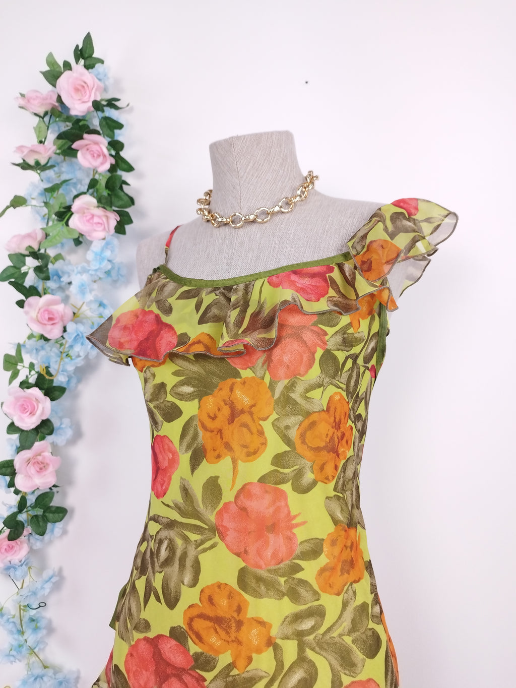 Vintage 2000s Y2K Midi Dress — Asymmetric Neck, Floral Print & Ruffled Hem