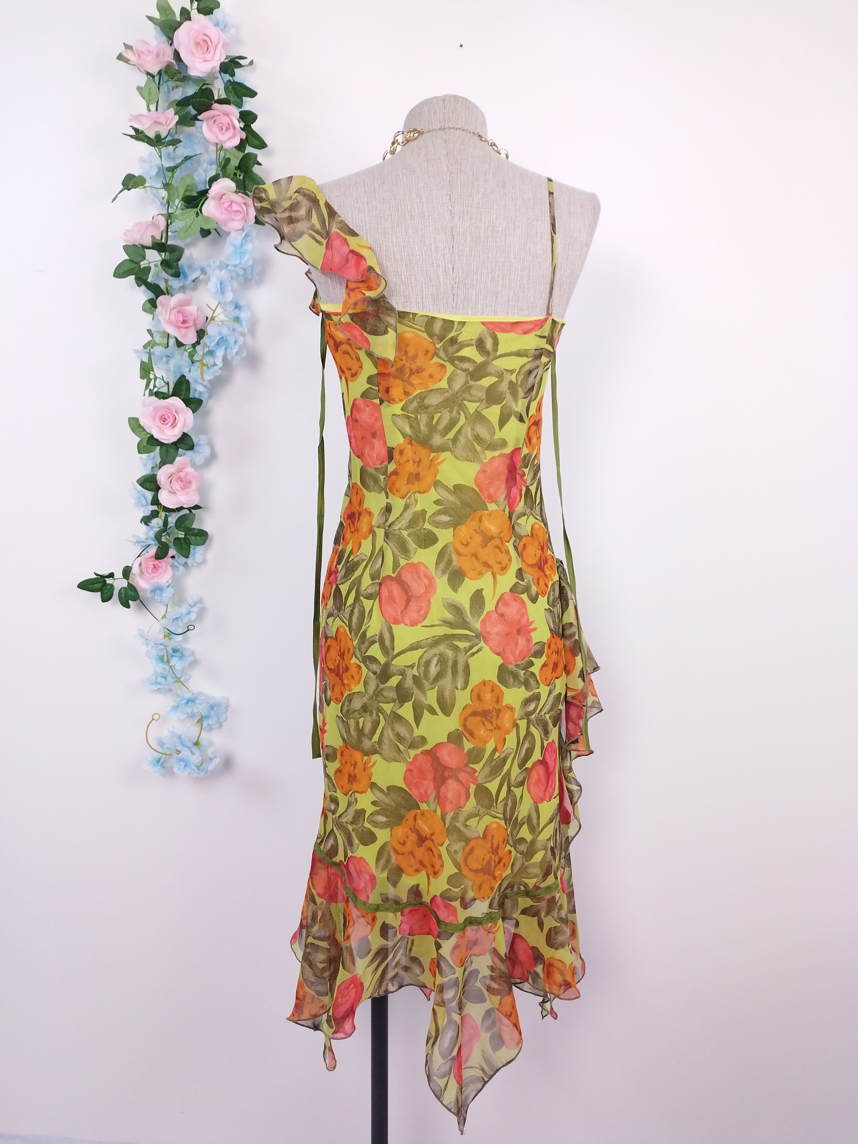 Vintage 2000s Y2K Midi Dress — Asymmetric Neck, Floral Print & Ruffled Hem