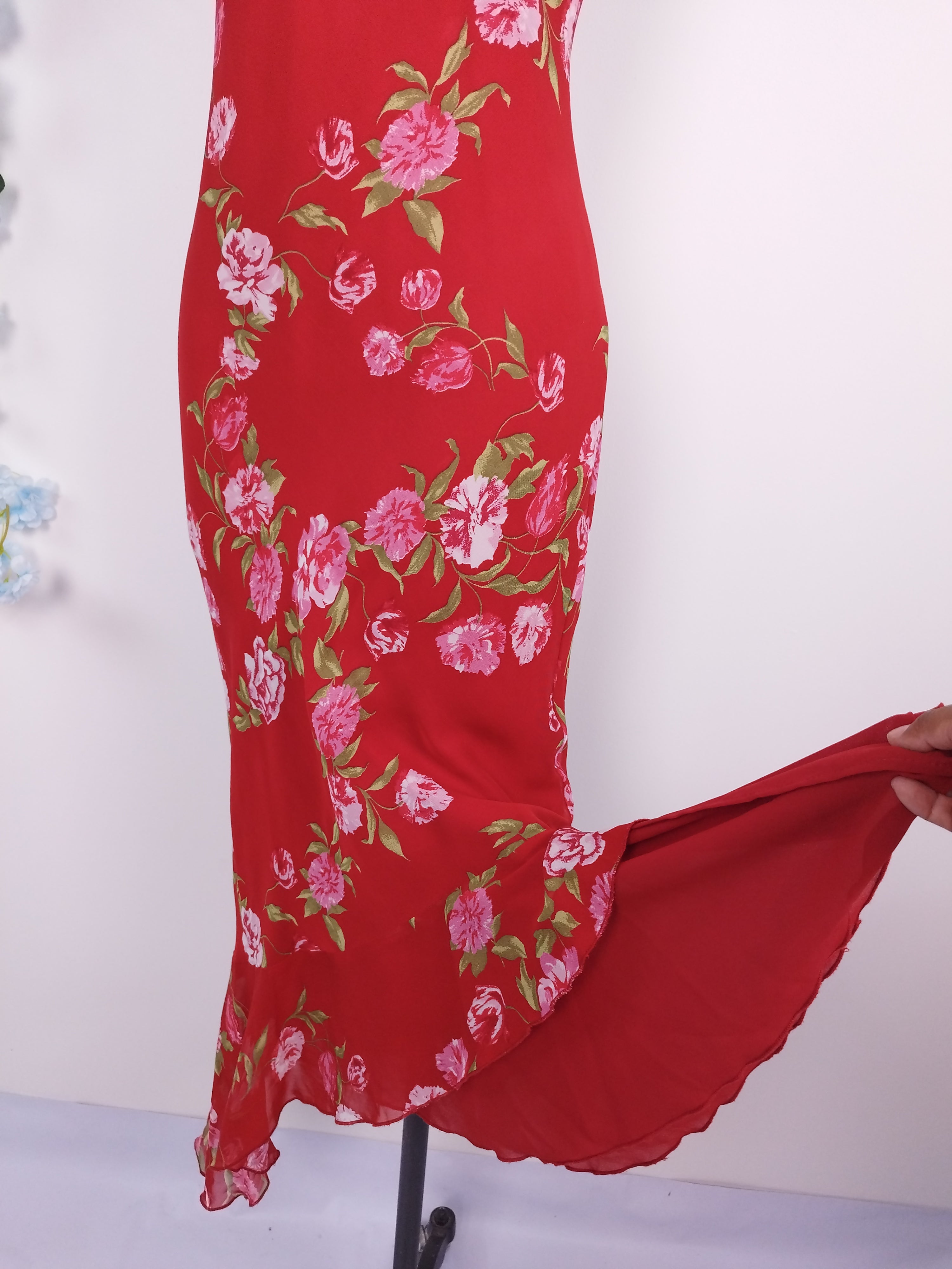 Vintage 90s Midi Dress — Slip Style, Red Chiffon &amp; Pink Floral Print