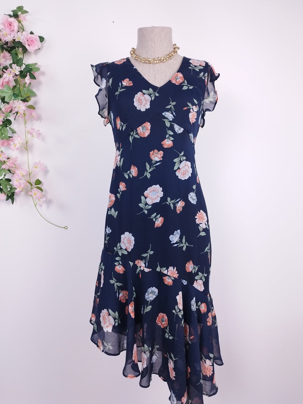 Vintage 90s Midi Dress — Ruffle Sleeves, V-Neck & Asymmetric Hem