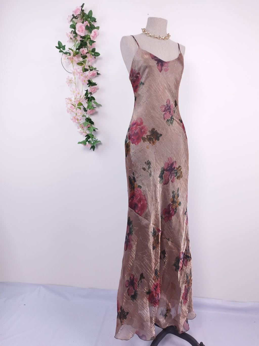 Vintage 90s Maxi Evening Dress — Slip Style, Iridescent Satin & Red Floral Print