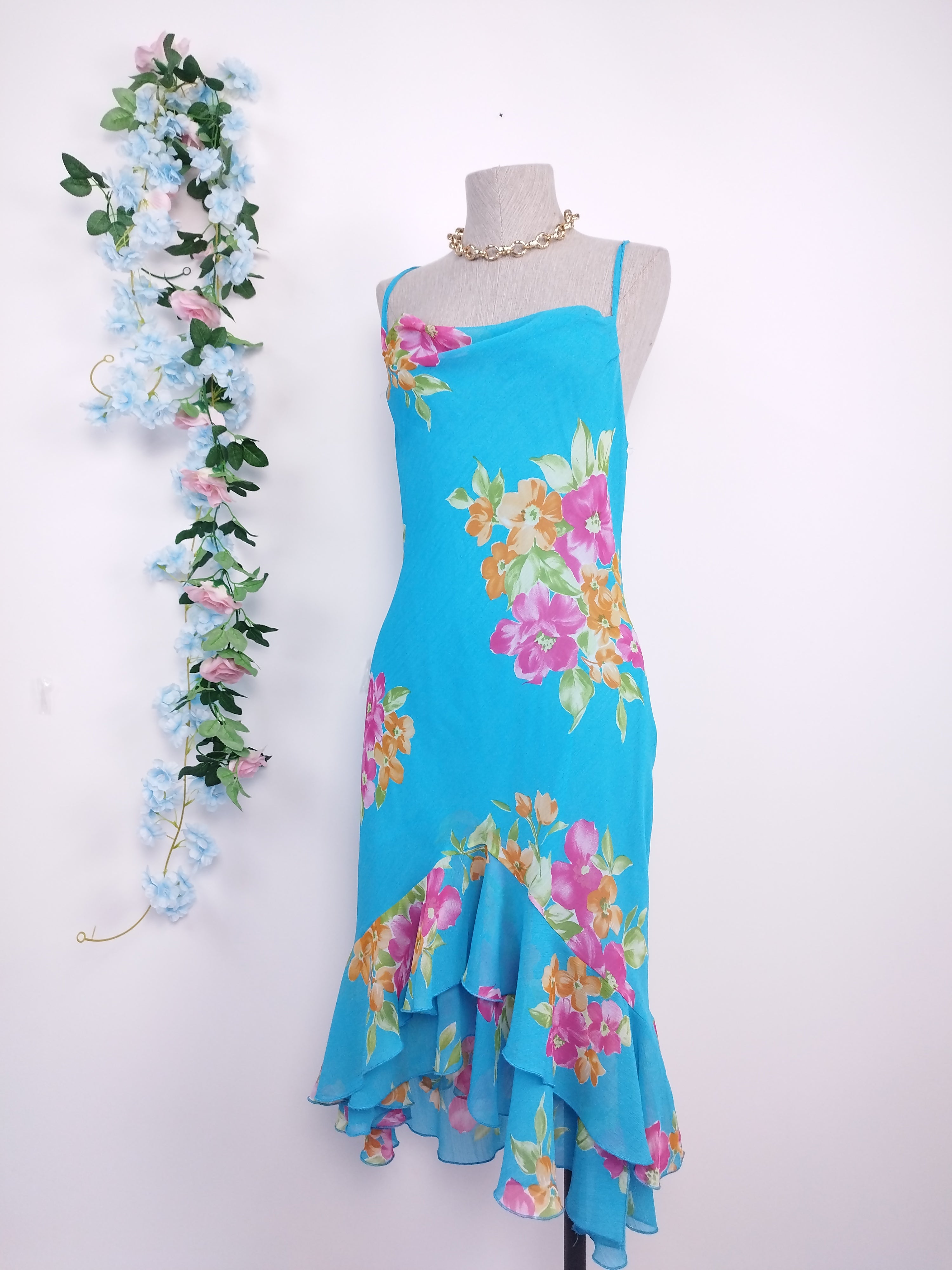 Vintage 90s Summer Dress — Slip Style, Floral Chiffon & Asymmetric Ruffles
