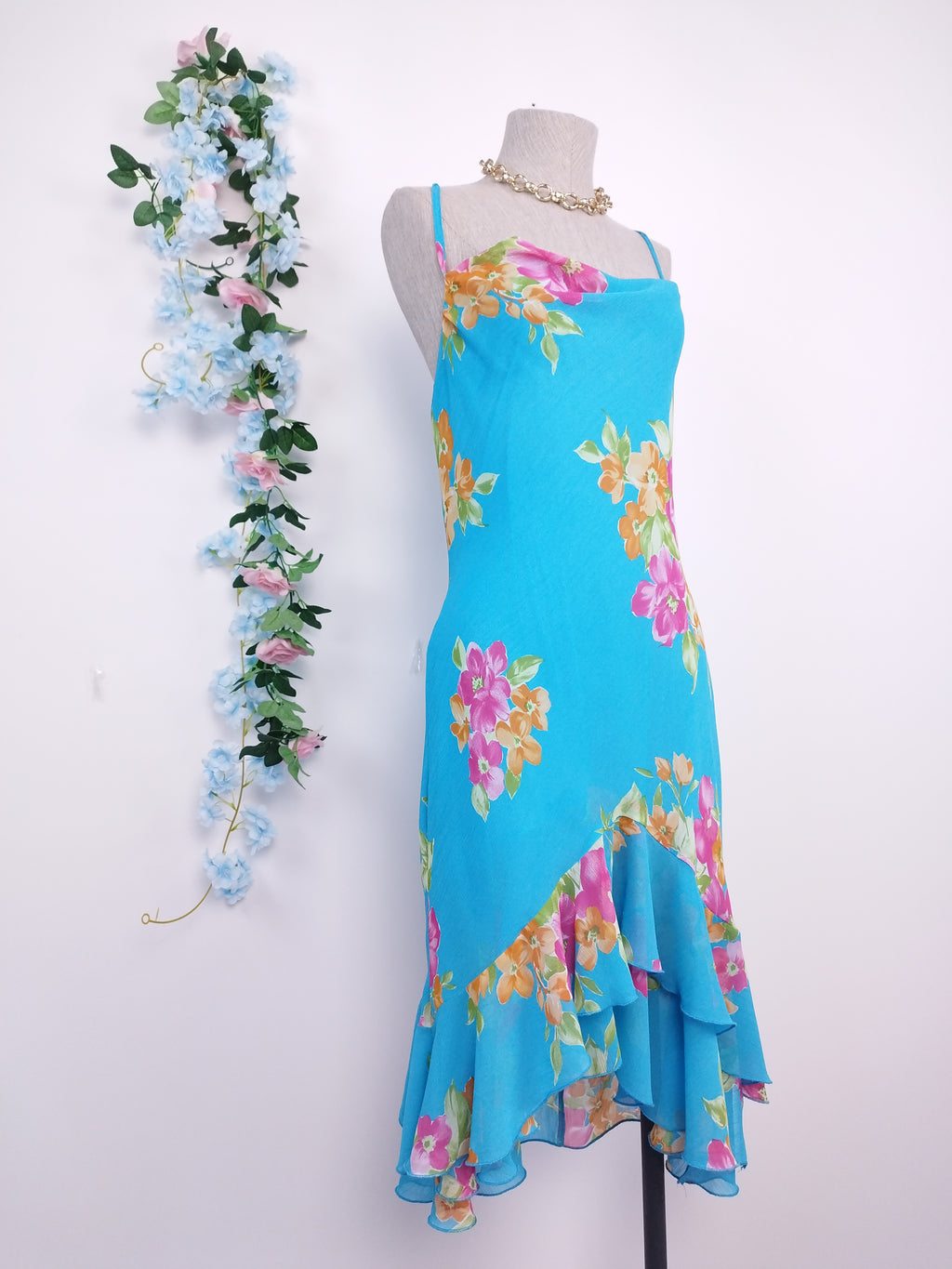 Vintage 90s Summer Dress — Slip Style, Floral Chiffon & Asymmetric Ruffles